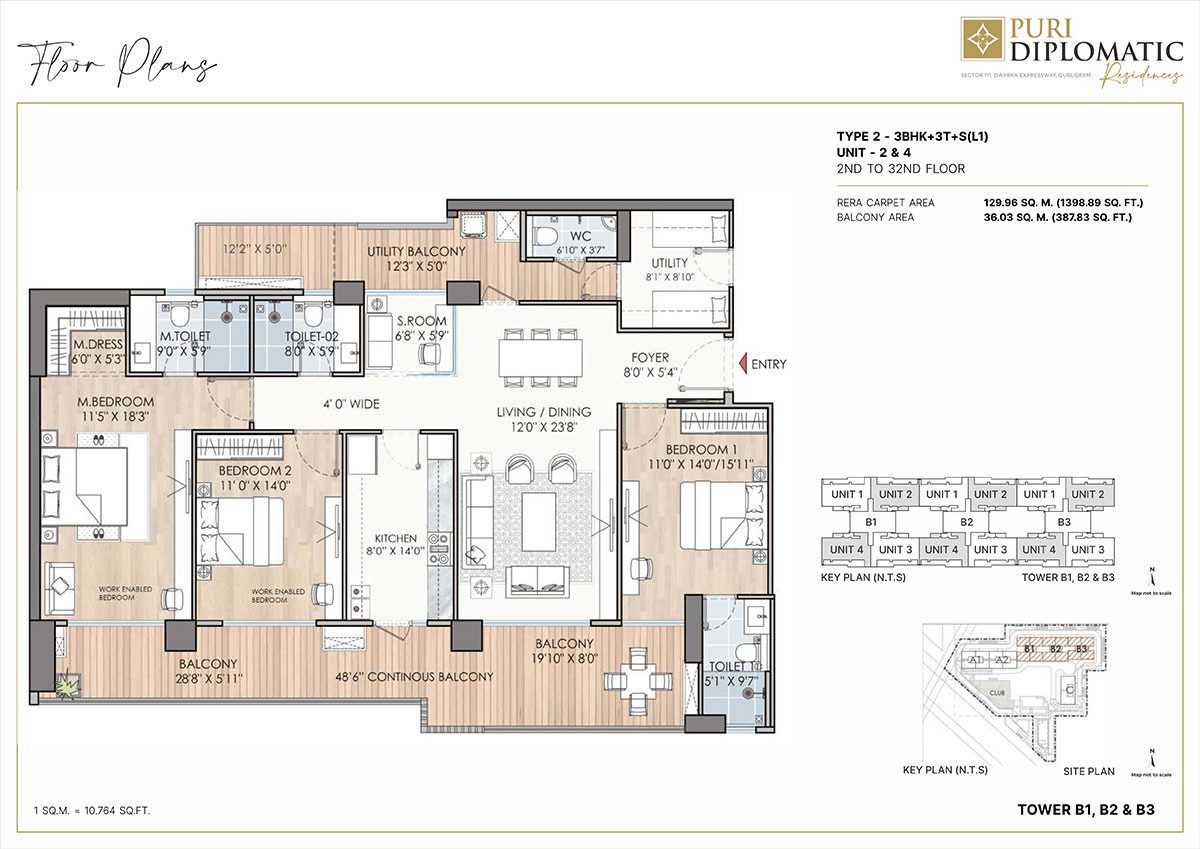 Puri Diplomatic Residences 3.5 BHK - Type B floor plan