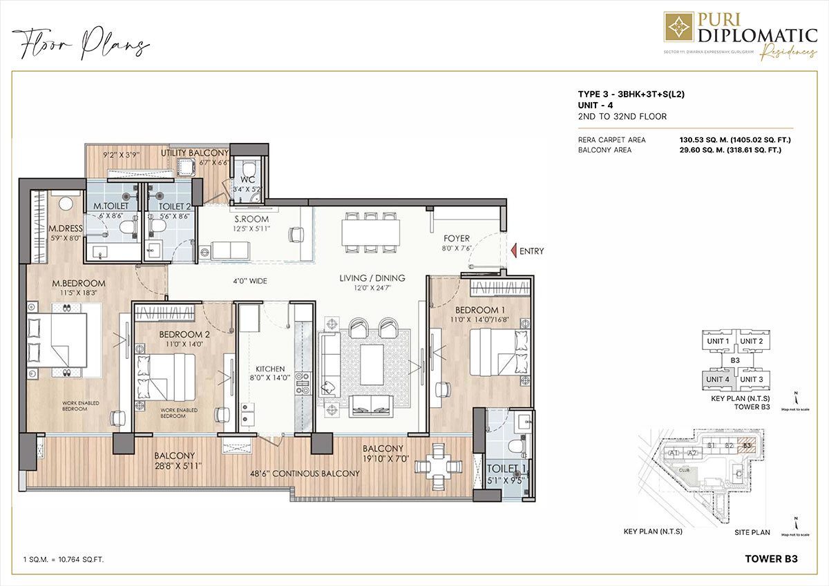 Puri Diplomatic Residences 3.5 BHK - Type C floor plan