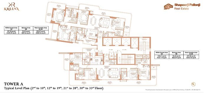 Shapoorji Pallonji The Dualis Tower A (4 BHK) - Typical Level Plan, 2nd–10th, 12th–19th, 21st–28th, 30th–33rd floors floor plan