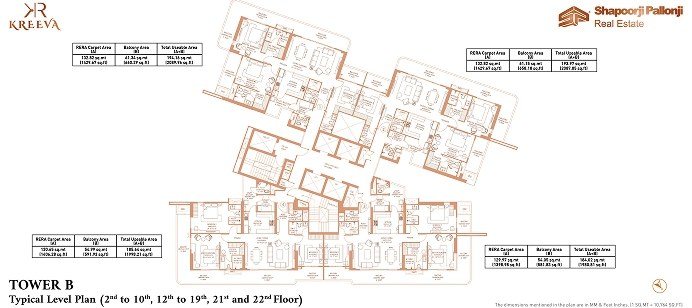 Shapoorji Pallonji The Dualis Tower B (3 BHK) - Typical Level Plan, 2nd–10th, 12th–19th, 21st & 22nd floors floor plan