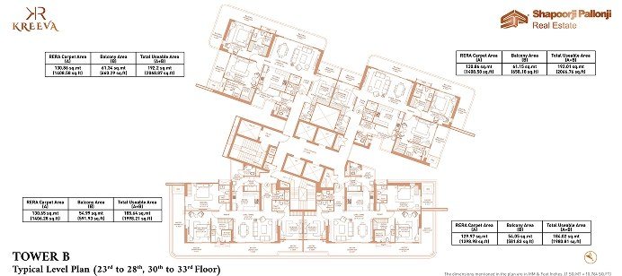 Shapoorji Pallonji The Dualis Tower B (3 BHK) - Typical Level Plan, 23rd–28th, 30th–33rd floors floor plan