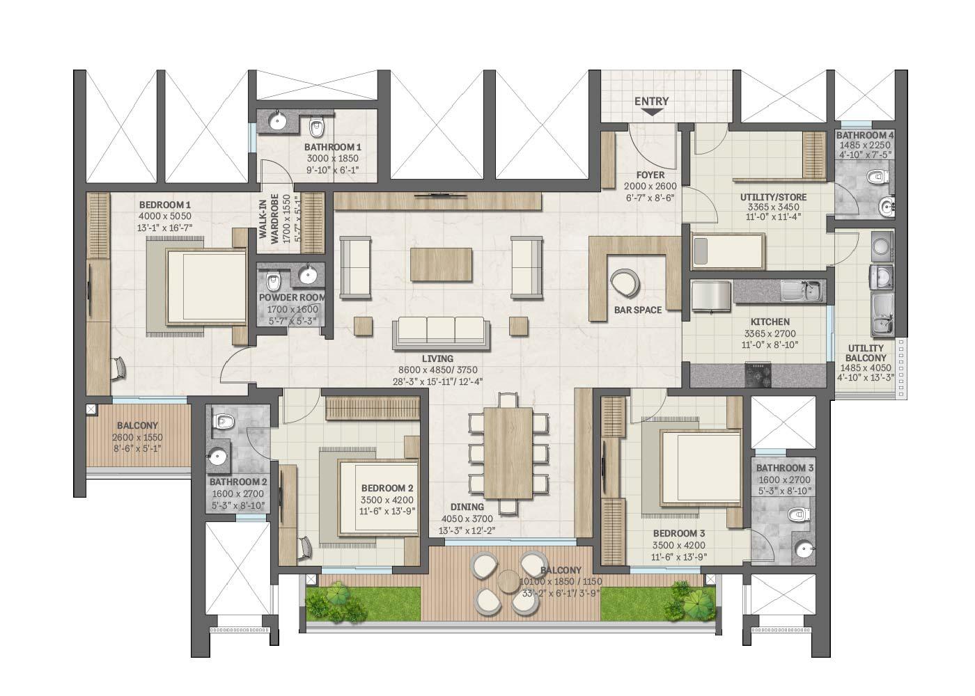 Sobha Aranya 3 BHK floor plan