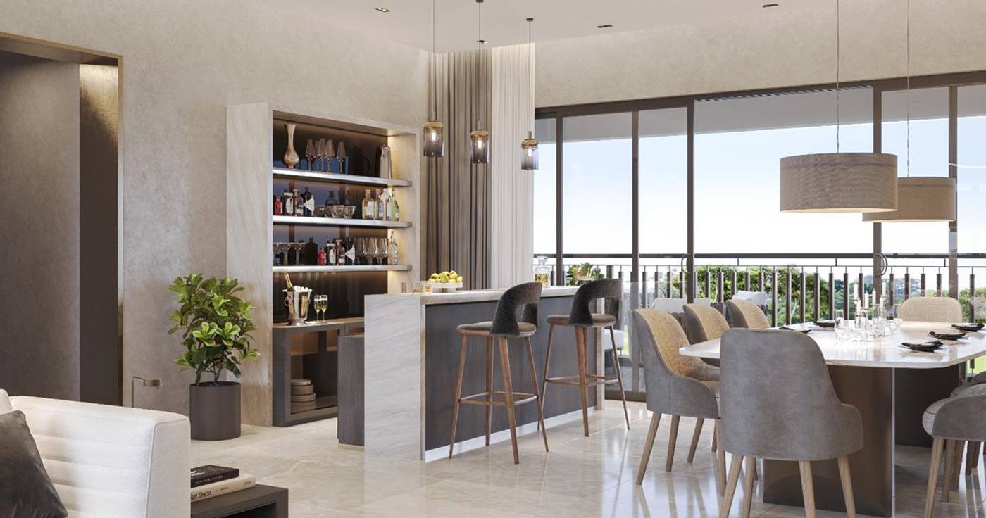 Open living and dining room with large windows