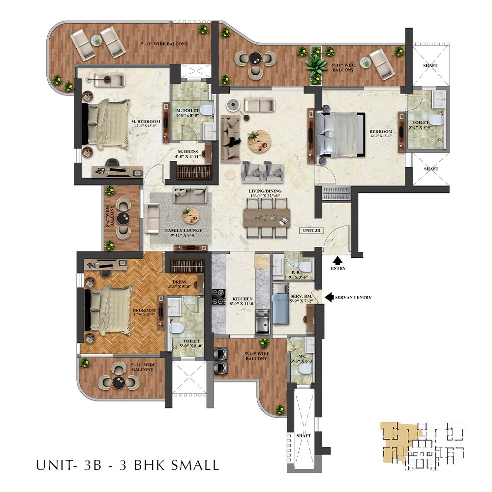 4S The Aurrum 3 BHK Small (Unit 3B) floor plan