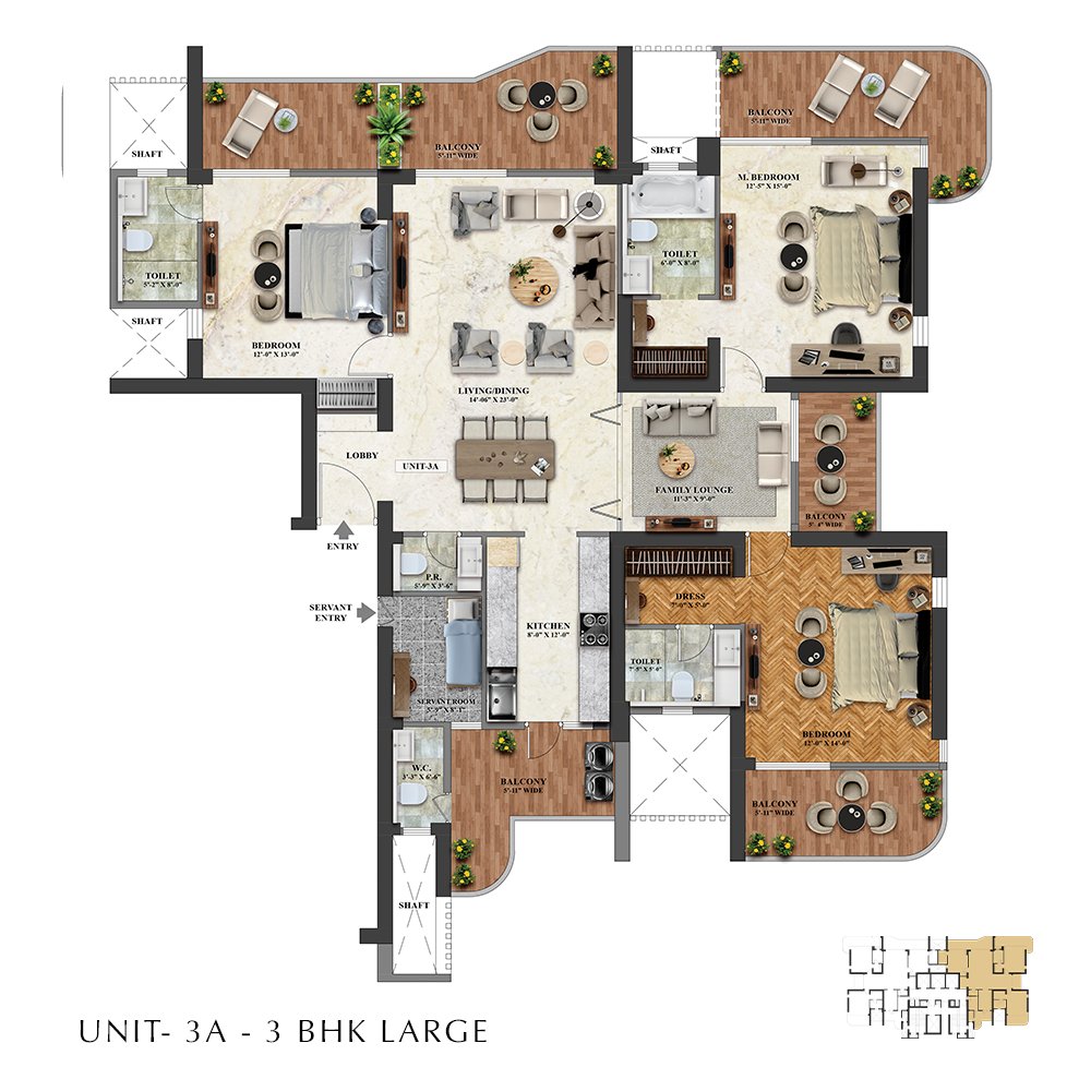 4S The Aurrum 3 BHK Large (Unit 3A) floor plan