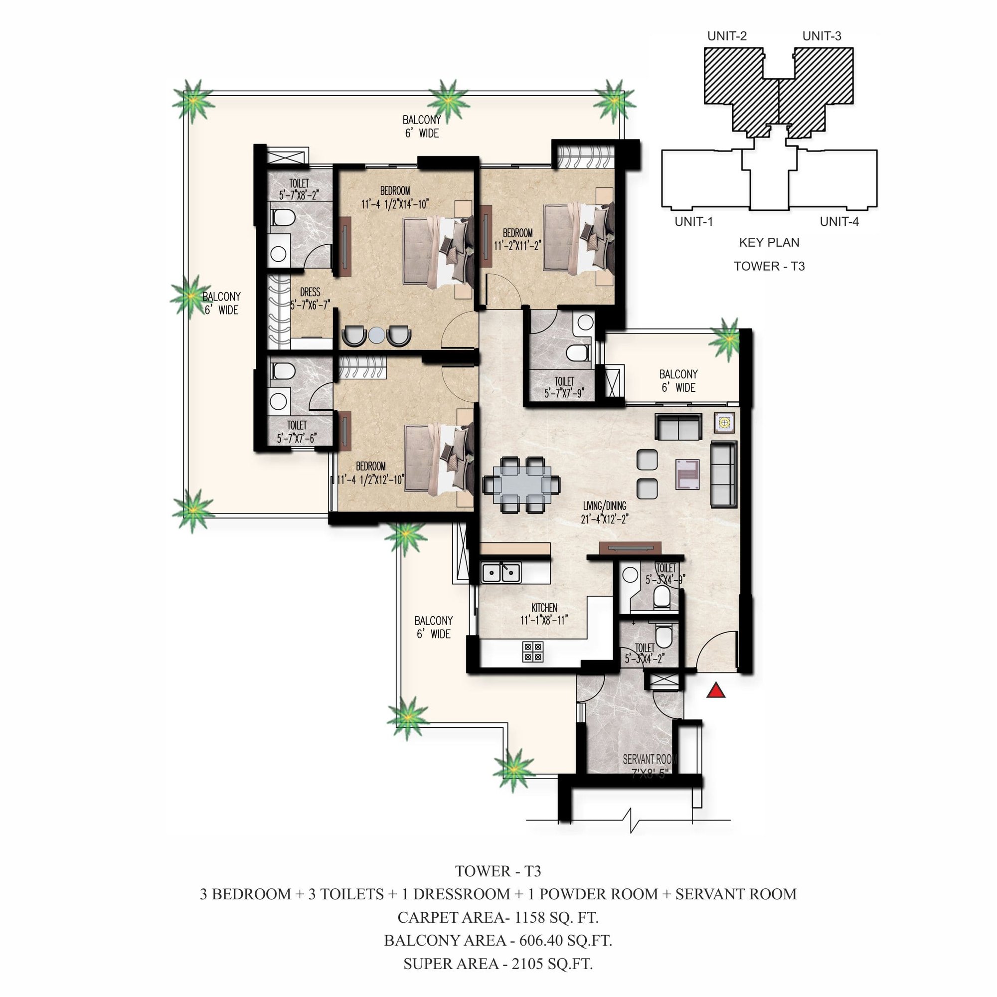 Adore The Select Premia 3 BHK + Servant (Tower T3) - super, 1,158 sq.ft carpet floor plan