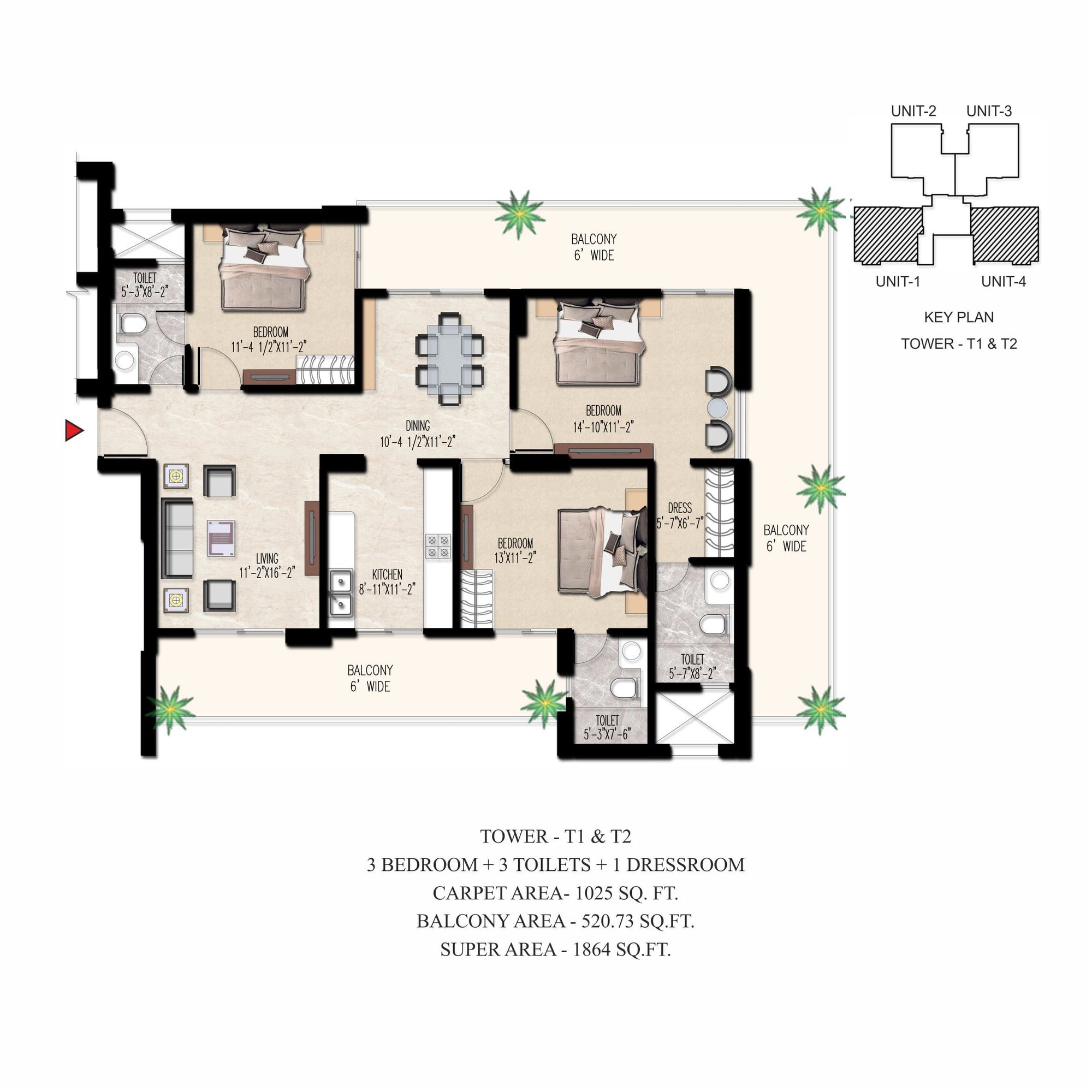 Adore The Select Premia 3 BHK (Tower T1 & T2) - super, 1,025 sq.ft carpet floor plan