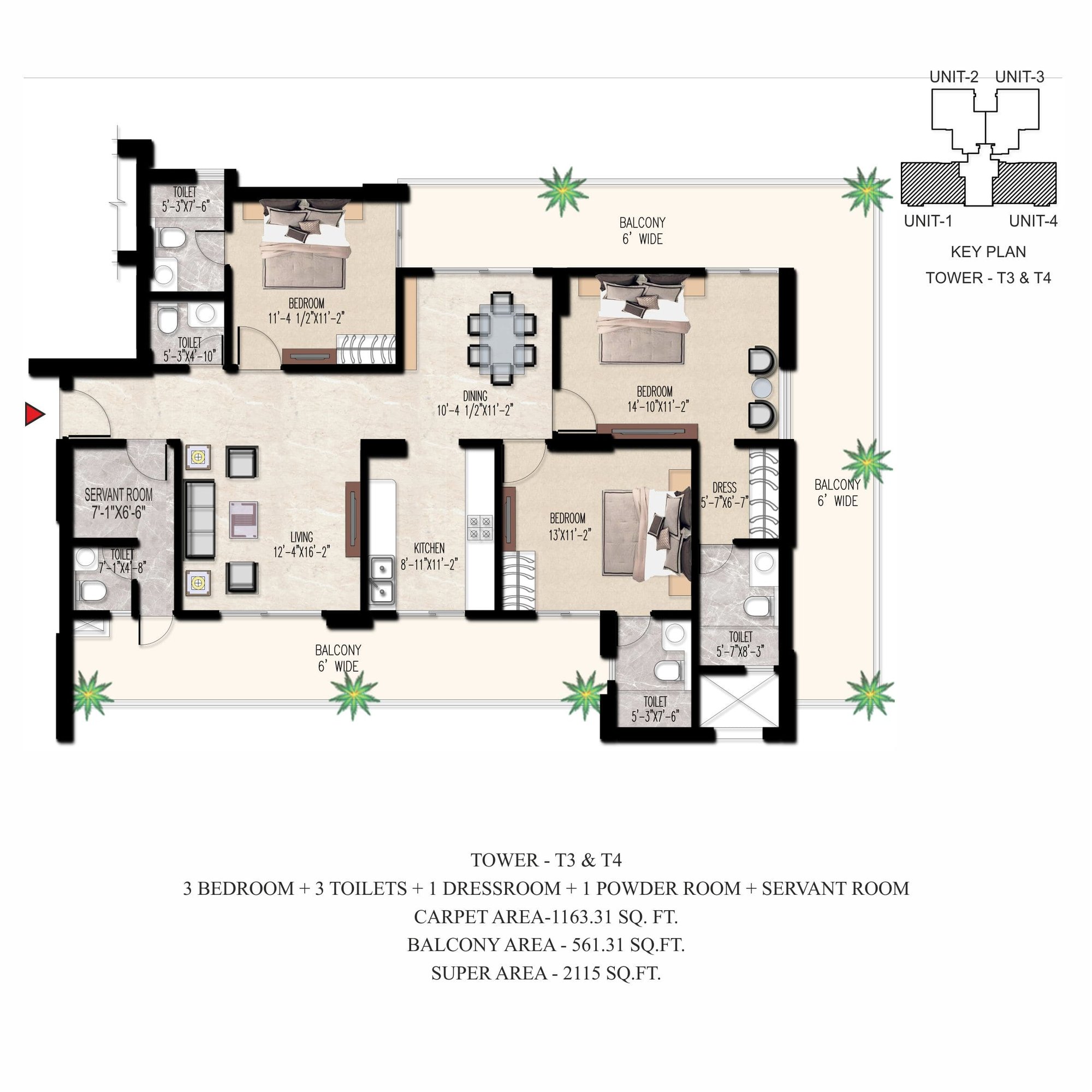 Adore The Select Premia 3 BHK + Servant (Tower T3 & T4) - super, 1,163 sq.ft carpet floor plan