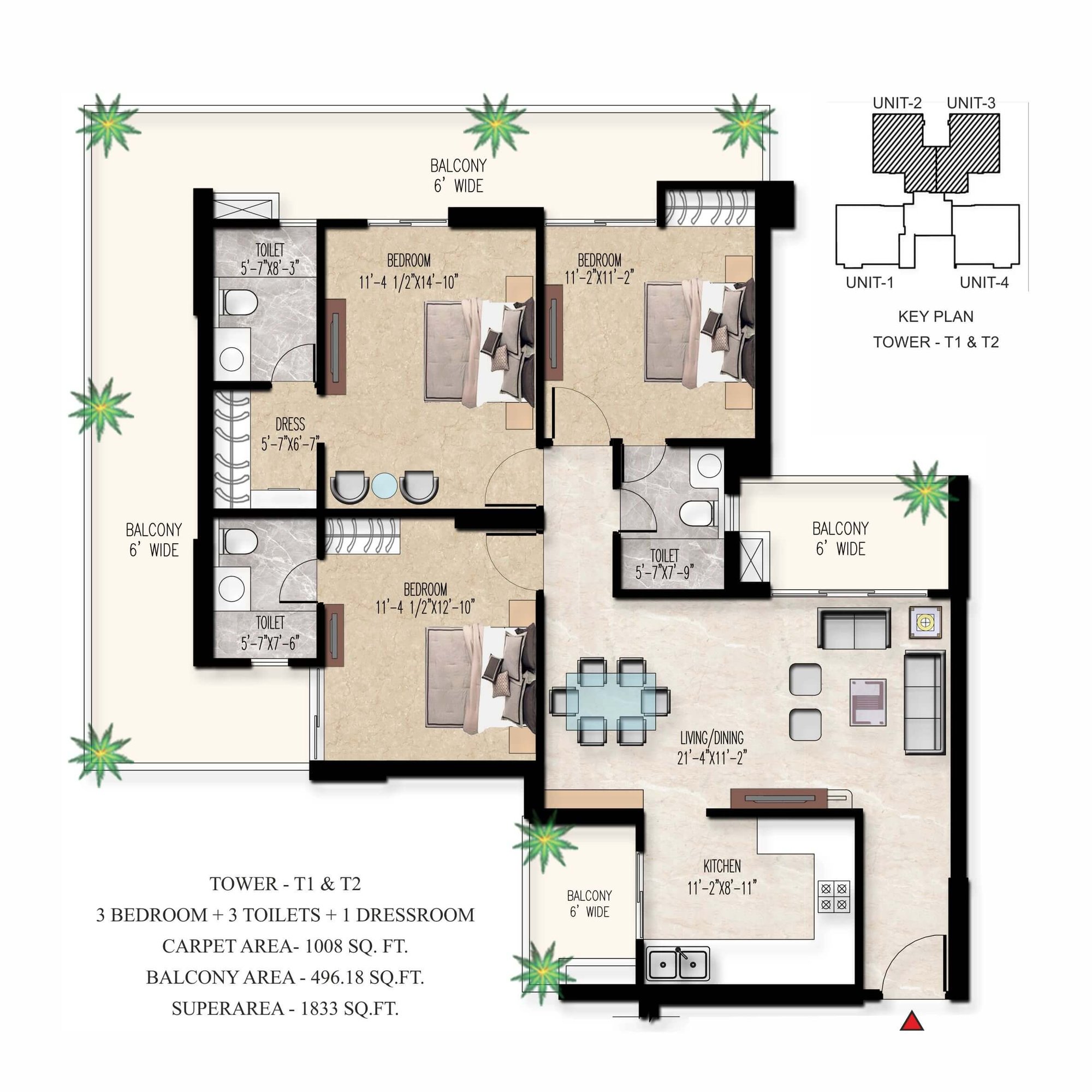 Adore The Select Premia 3 BHK (Tower T1 & T2) - super, 1,008 sq.ft carpet floor plan