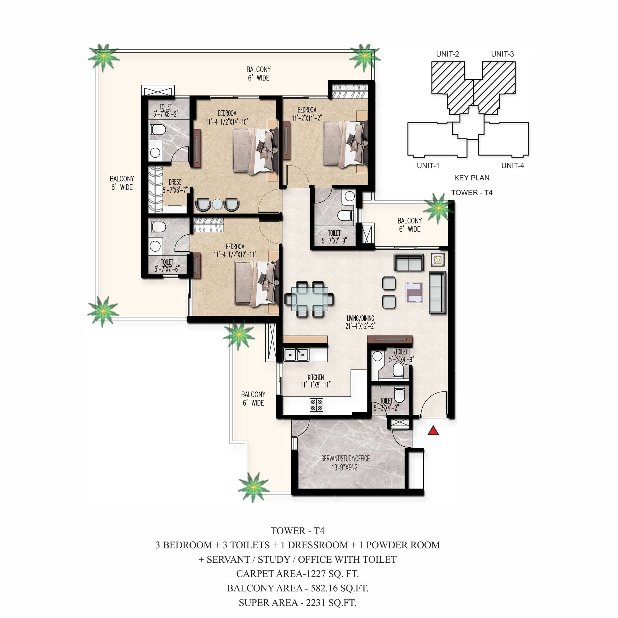 Adore The Select Premia 3 BHK + Servant/Study (Tower T4) - super, 1,227 sq.ft carpet floor plan