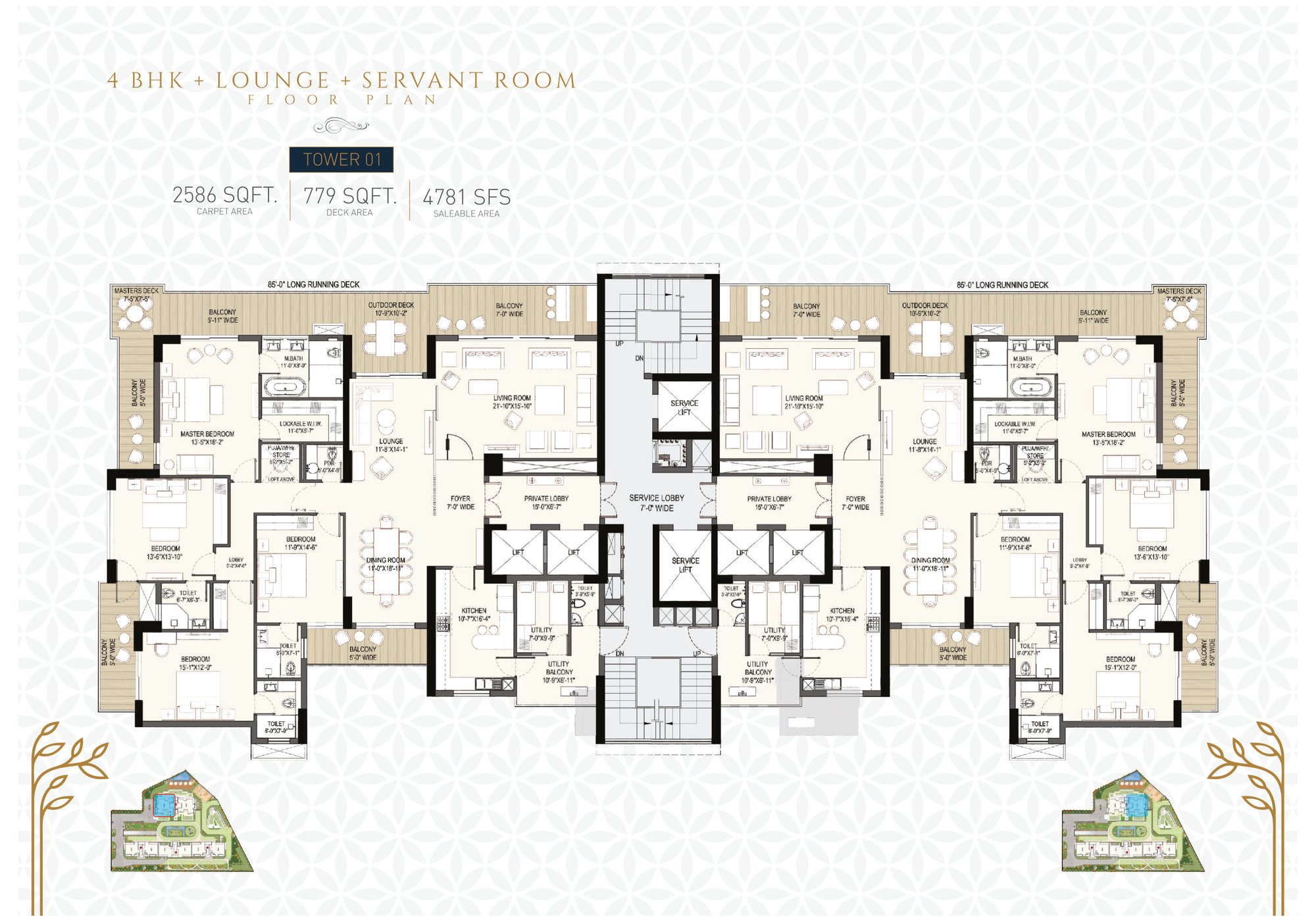 Anant Raj The Estate Residences 4 BHK + Lounge + Servant (Tower 1) - super floor plan