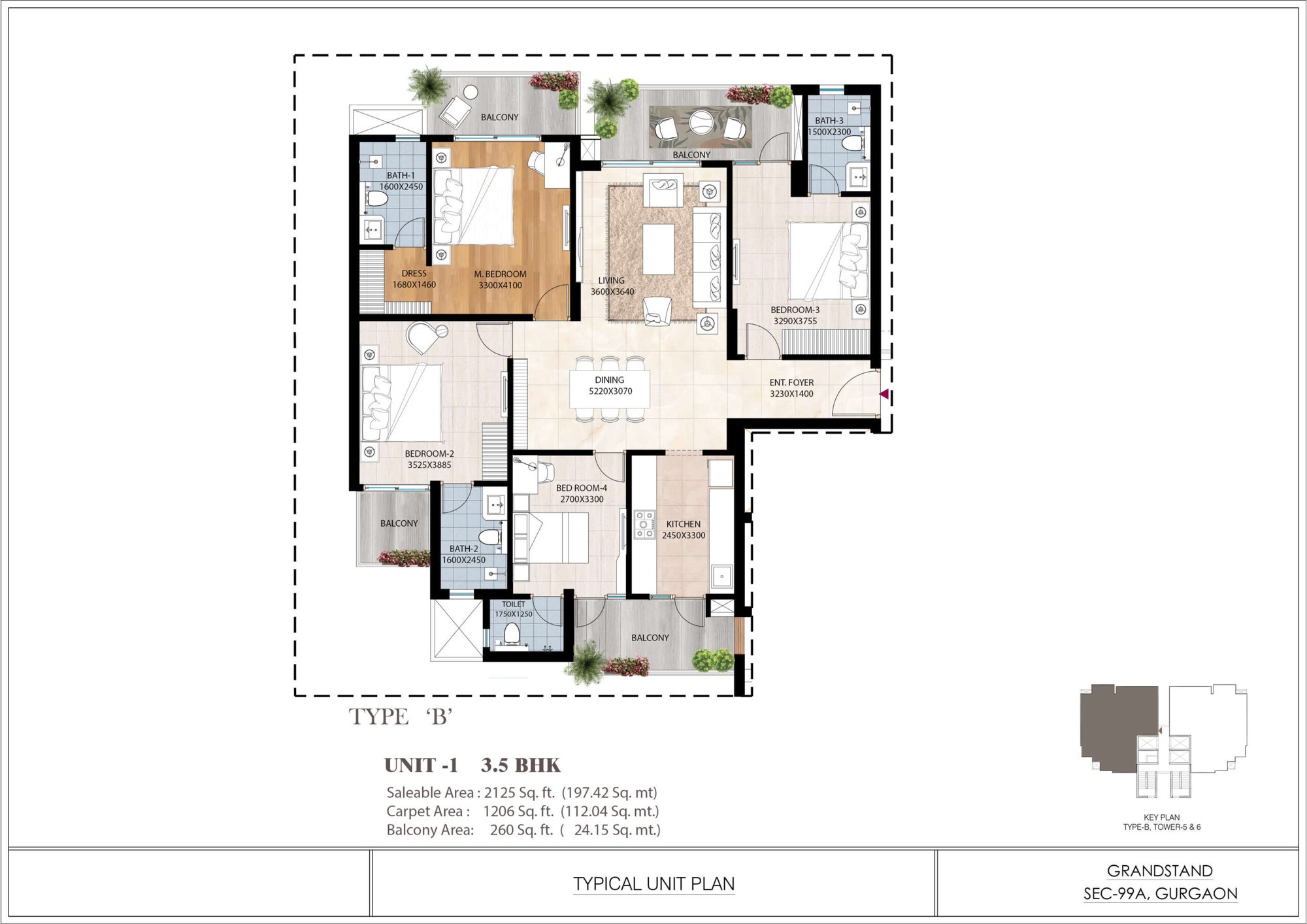 ATS Grandstand 3.5 BHK (Type B) - saleable, 1,206 sq.ft carpet floor plan