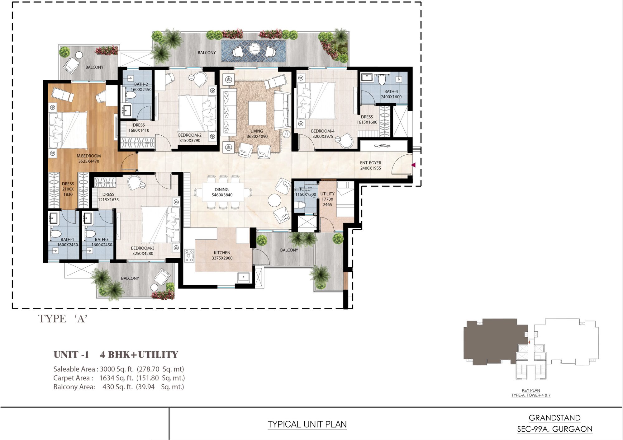 ATS Grandstand 4 BHK + Utility (Type A) - saleable, 1,634 sq.ft carpet floor plan