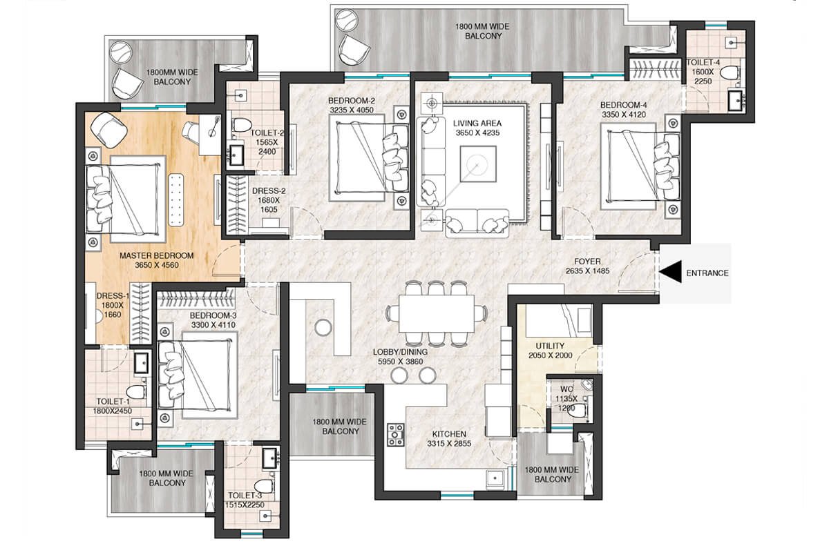 ATS Sanctuary 105 4 BHK + Servant (Type A) - saleable floor plan
