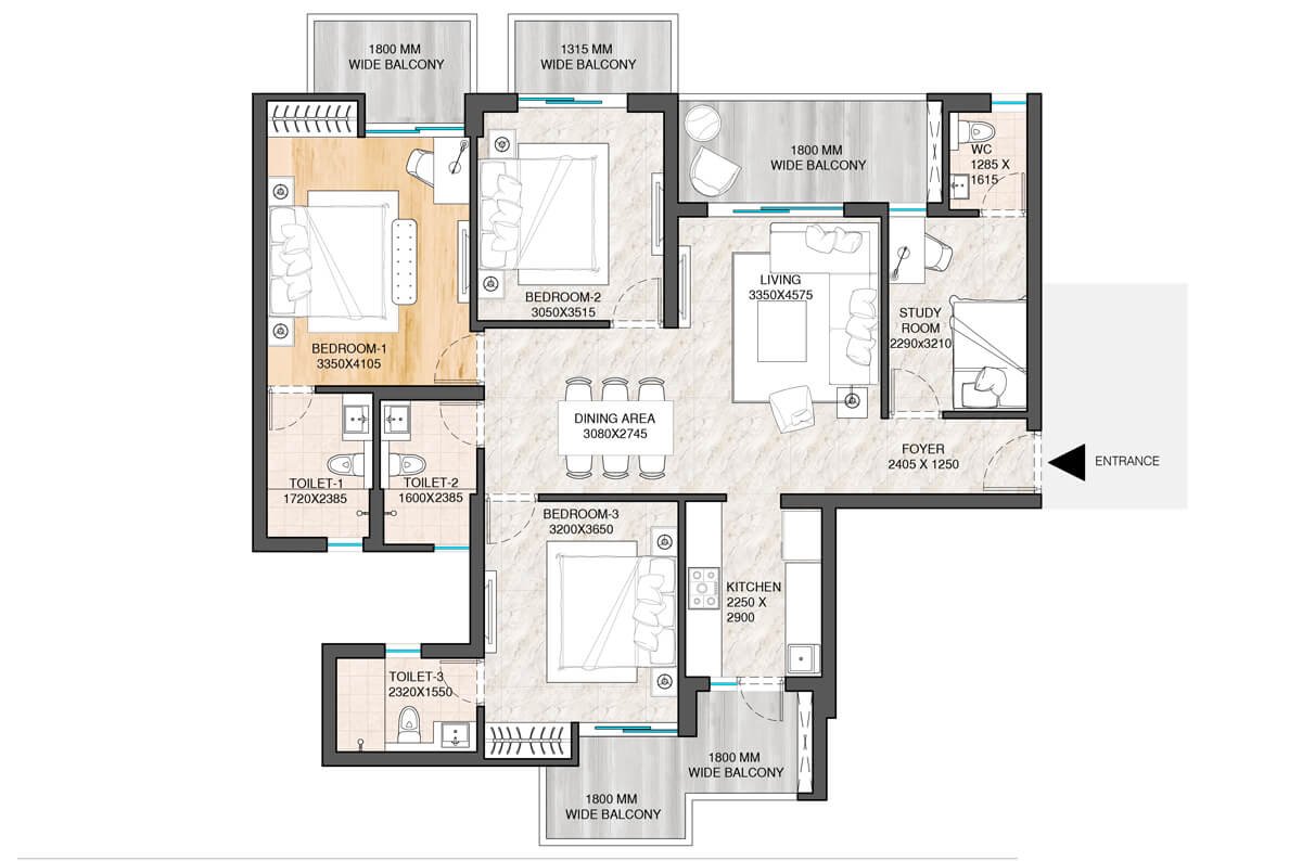 ATS Sanctuary 105 3 BHK + Study (Type B) - saleable floor plan