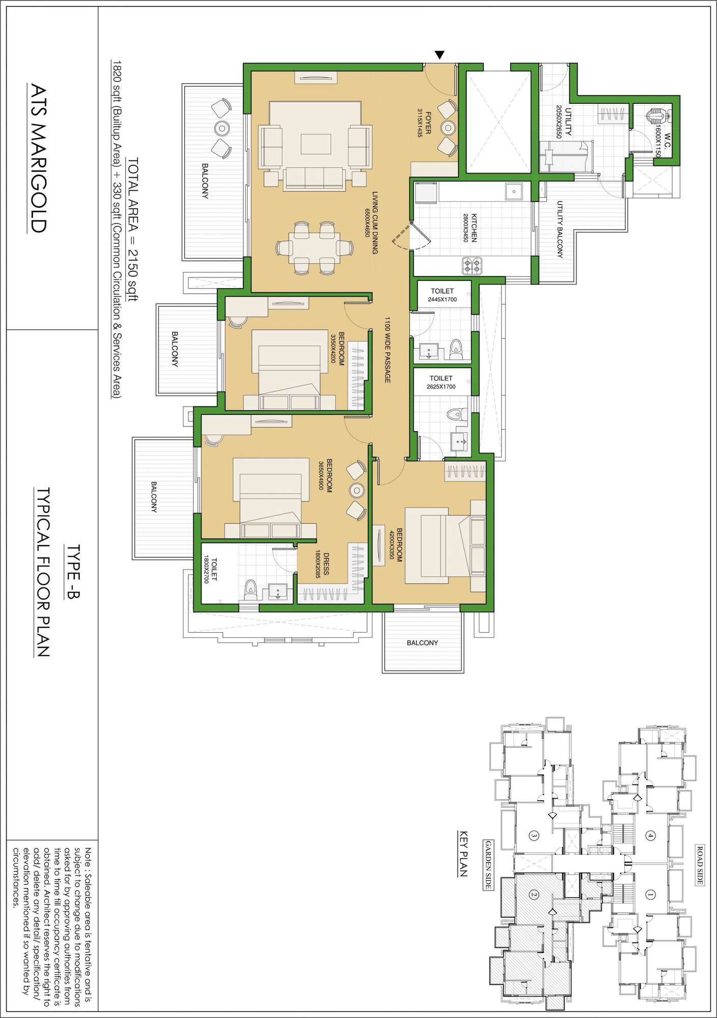 ATS Marigold 3 BHK + Utility - super (Type B) floor plan