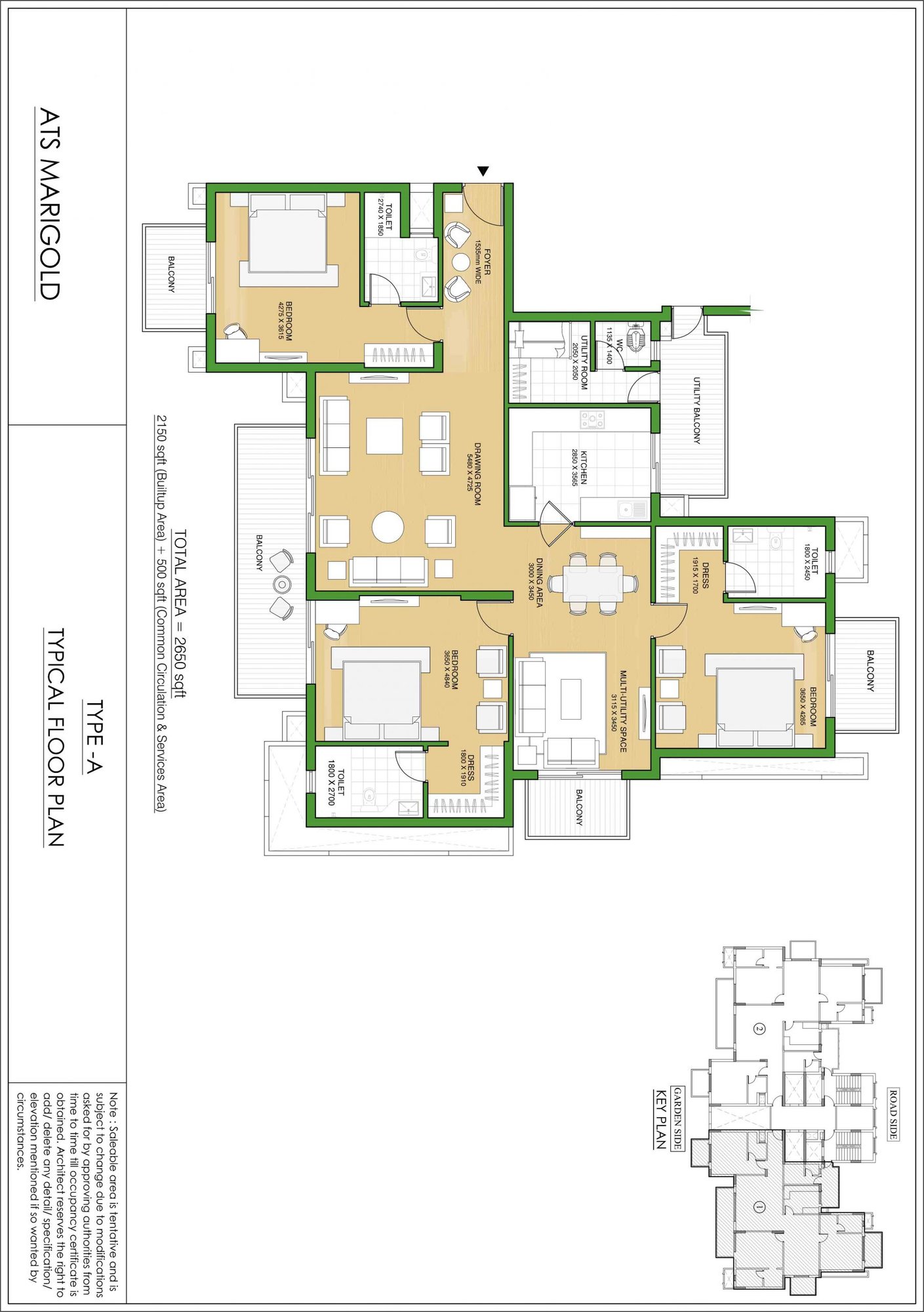 ATS Marigold 3 BHK + Lounge + Utility - super (Type A) floor plan