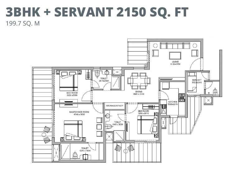 Bestech Altura 3 BHK + servant floor plan