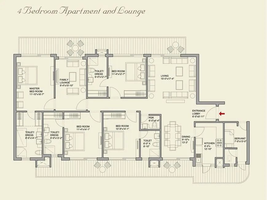 Bestech Park View Grand Spa 4 BHK + lounge + servant floor plan