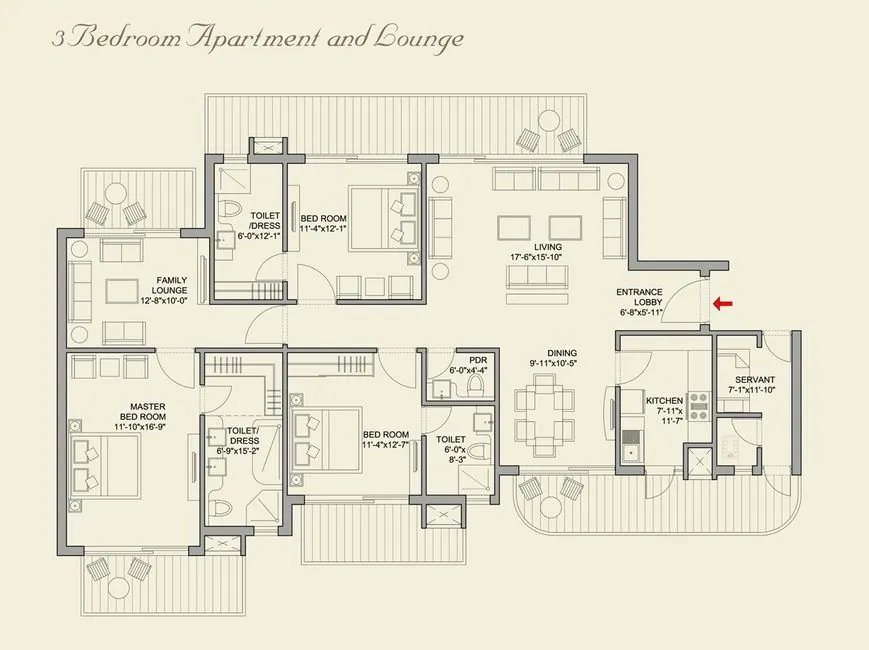 Bestech Park View Grand Spa 3 BHK + lounge + servant floor plan