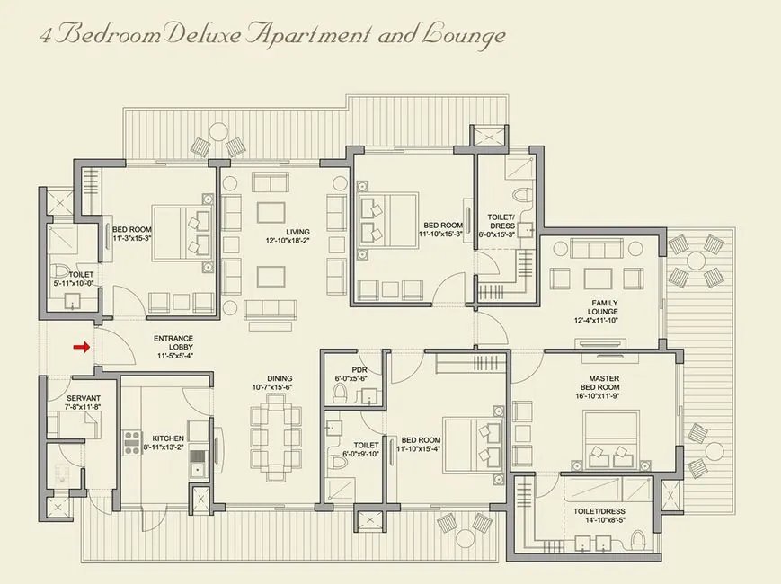 Bestech Park View Grand Spa 4 BHK deluxe + lounge + servant floor plan