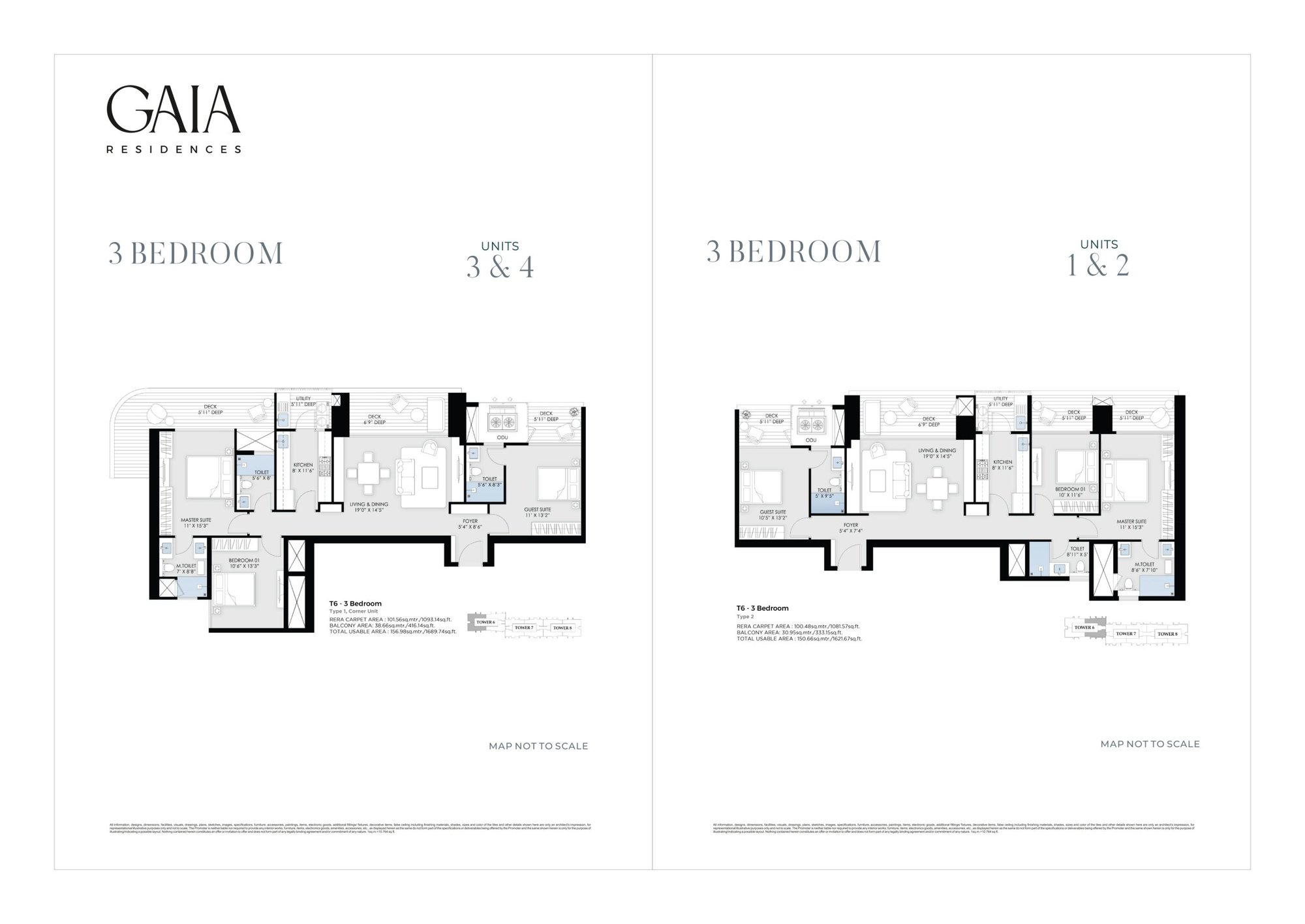 BPTP GAIA Residences 3 BHK - Type 1 corner ( carpet) and Type 2 (1,082 sq ft carpet) floor plan