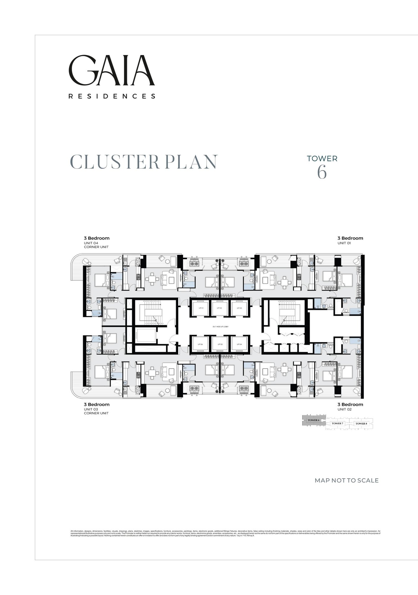 BPTP GAIA Residences Tower 6 cluster plan - four 3 BHK homes per floor floor plan