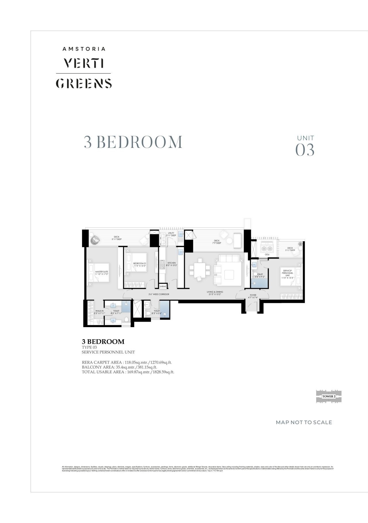 BPTP Amstoria Verti-Greens 3 BHK Type 03 with service room - carpet floor plan