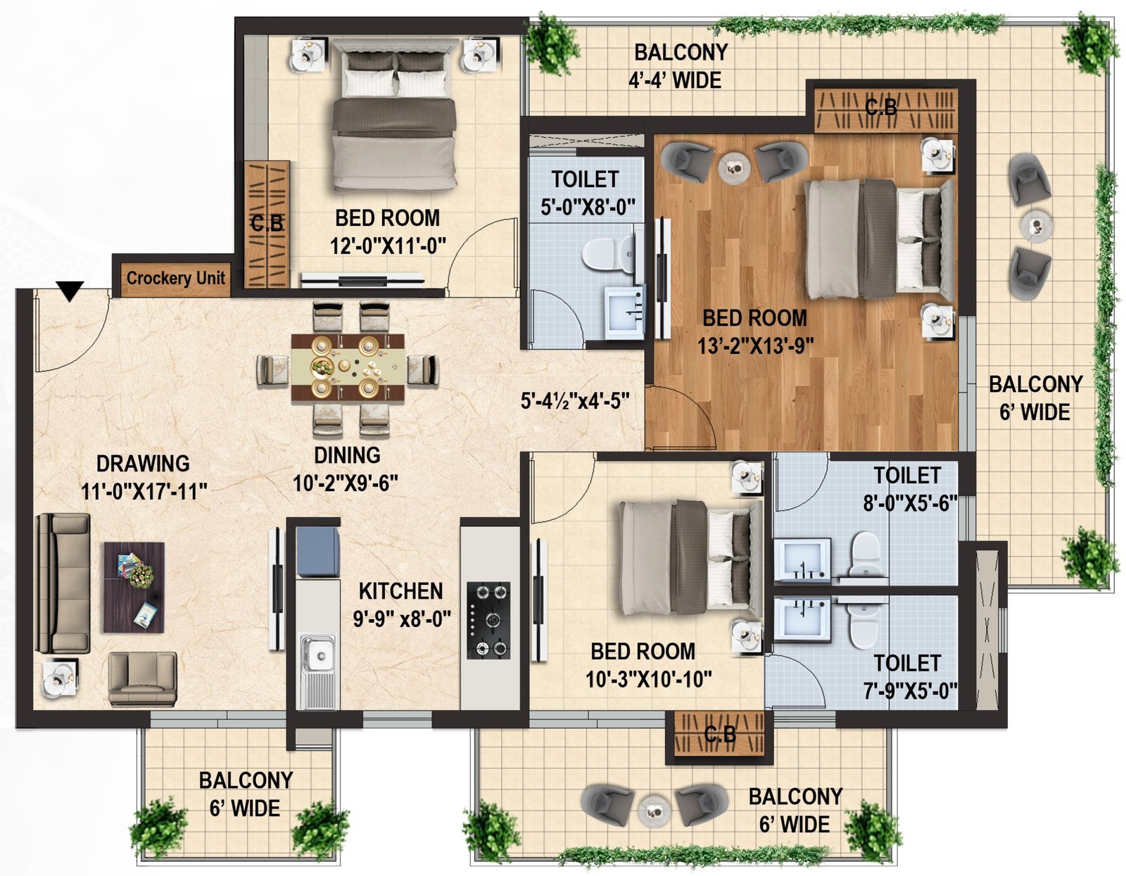Doon Buildcon Capital Royal Casa Tower 2, 3 BHK Type 1: floor plan