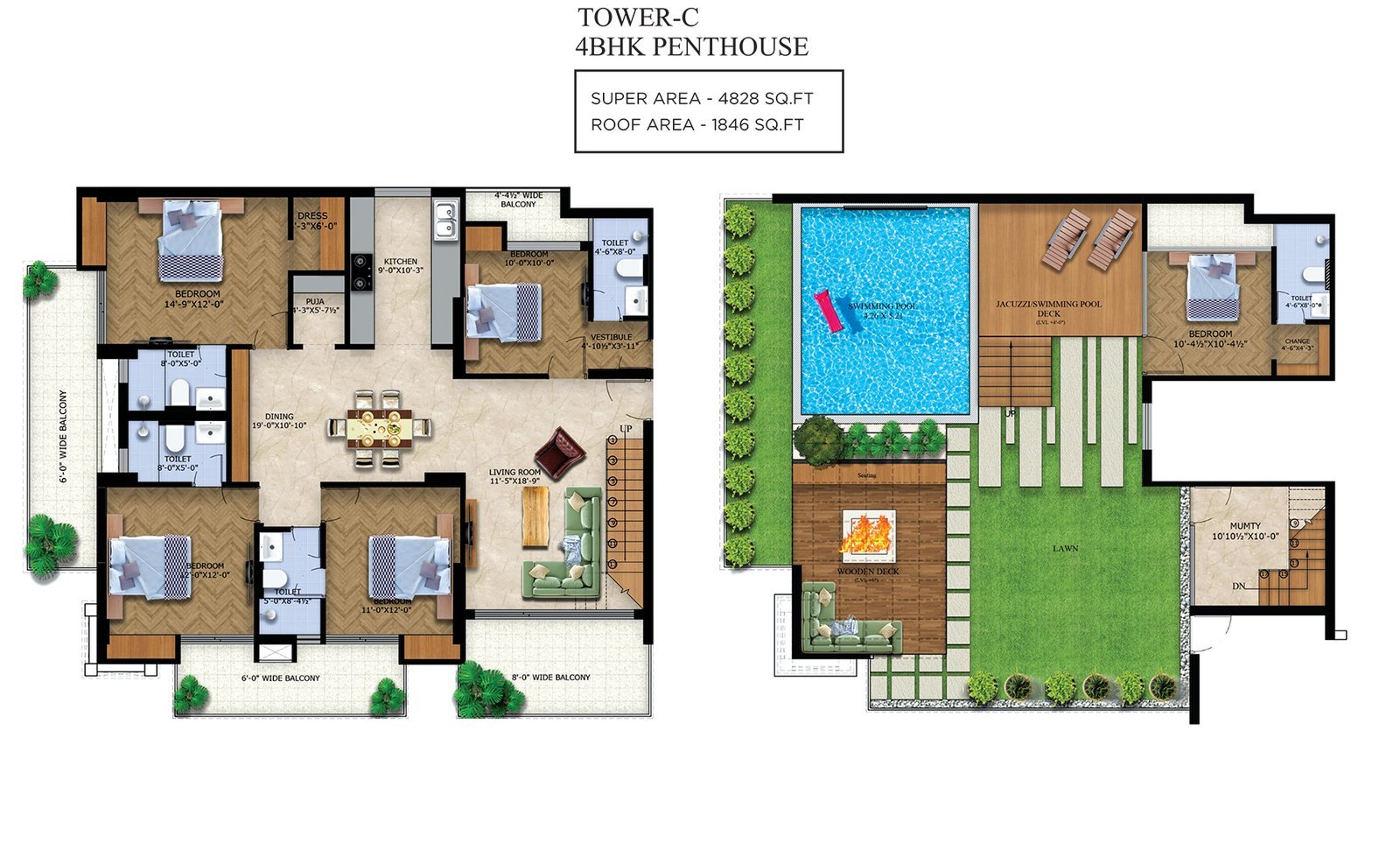 Doon Buildcon Capital Royal Casa Tower C, 4 BHK penthouse with roof terrace floor plan