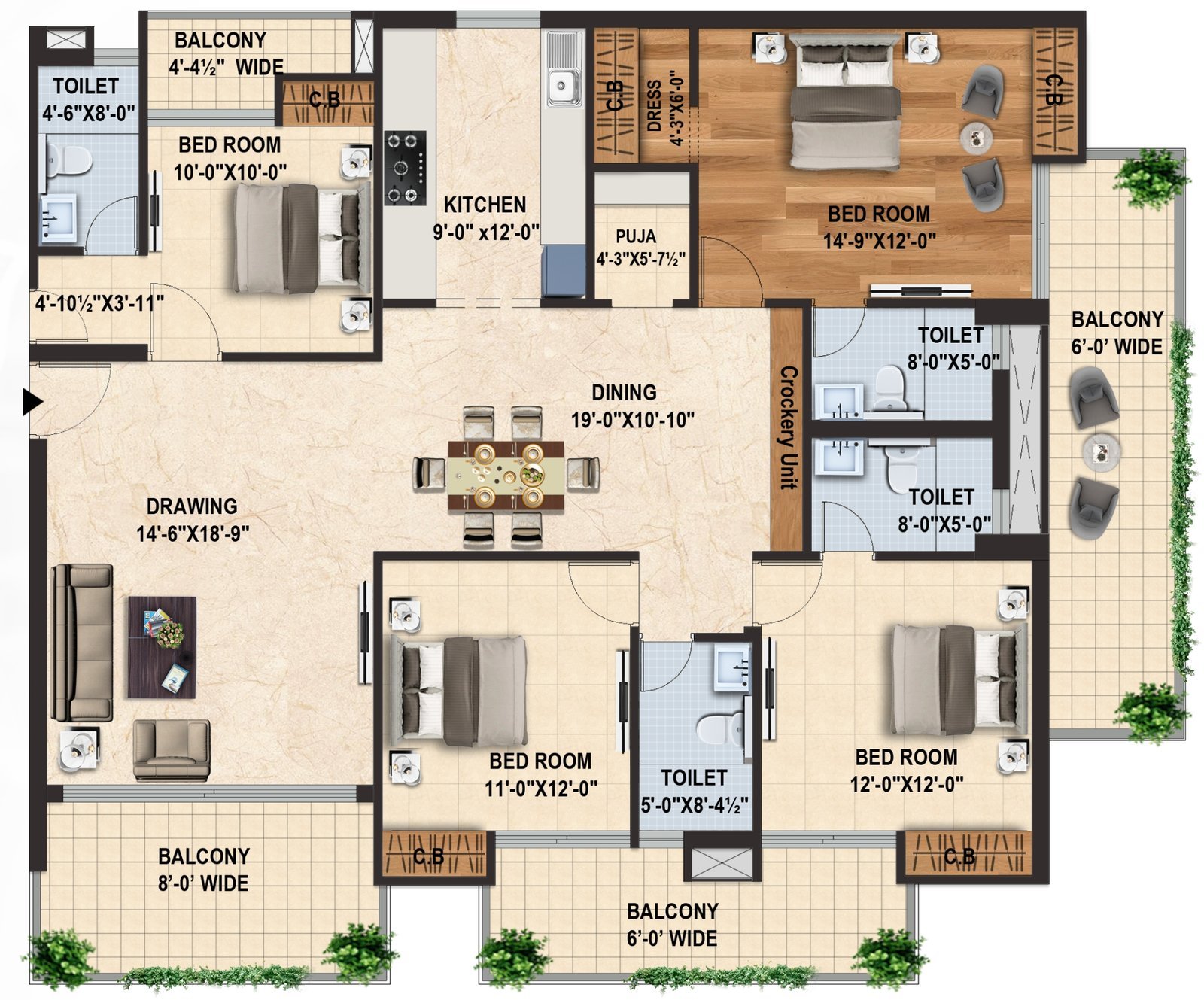 Doon Buildcon Capital Royal Casa Tower 3, 4 BHK Type 1: floor plan