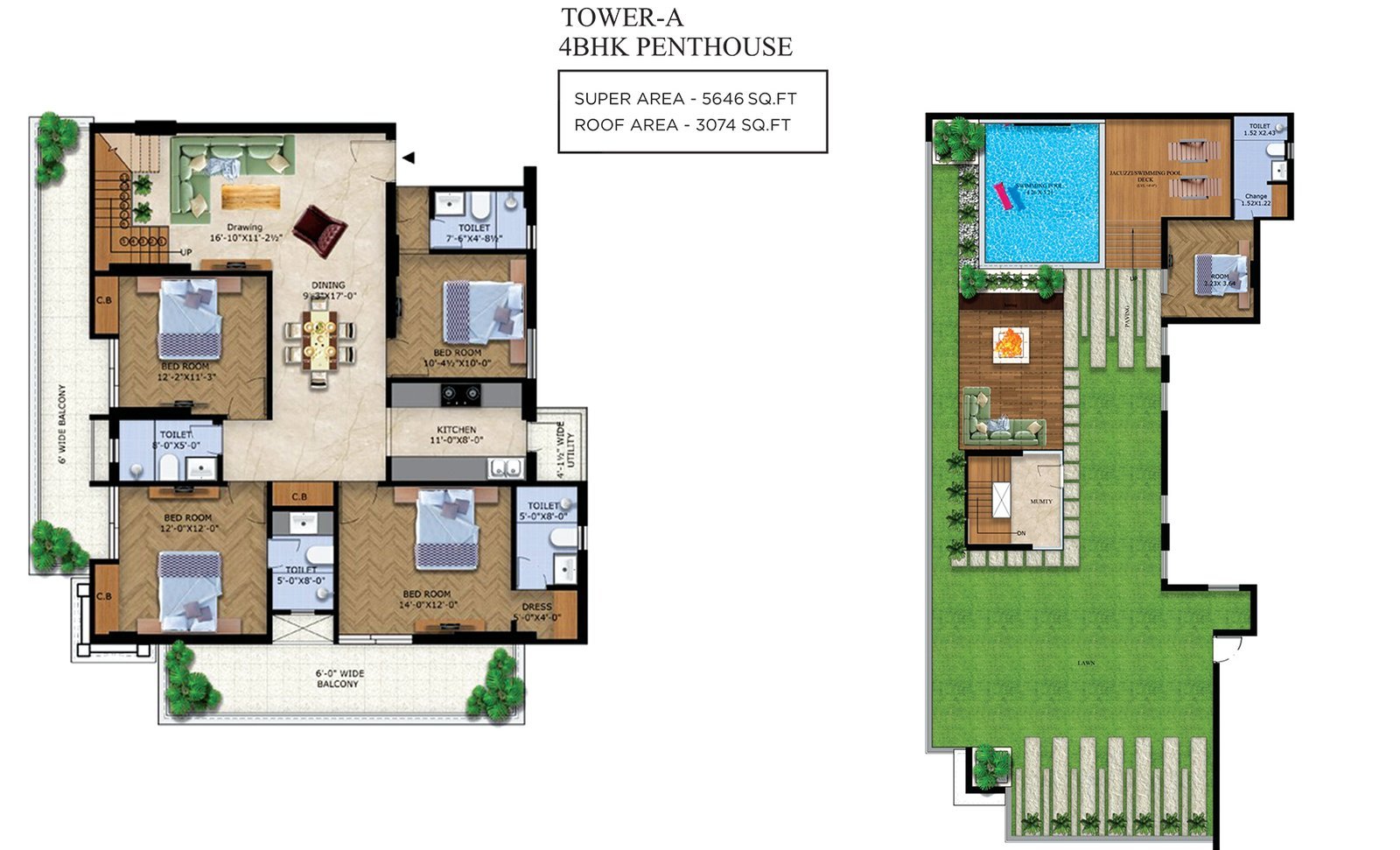 Doon Buildcon Capital Royal Casa Tower A, 4 BHK penthouse with roof terrace floor plan