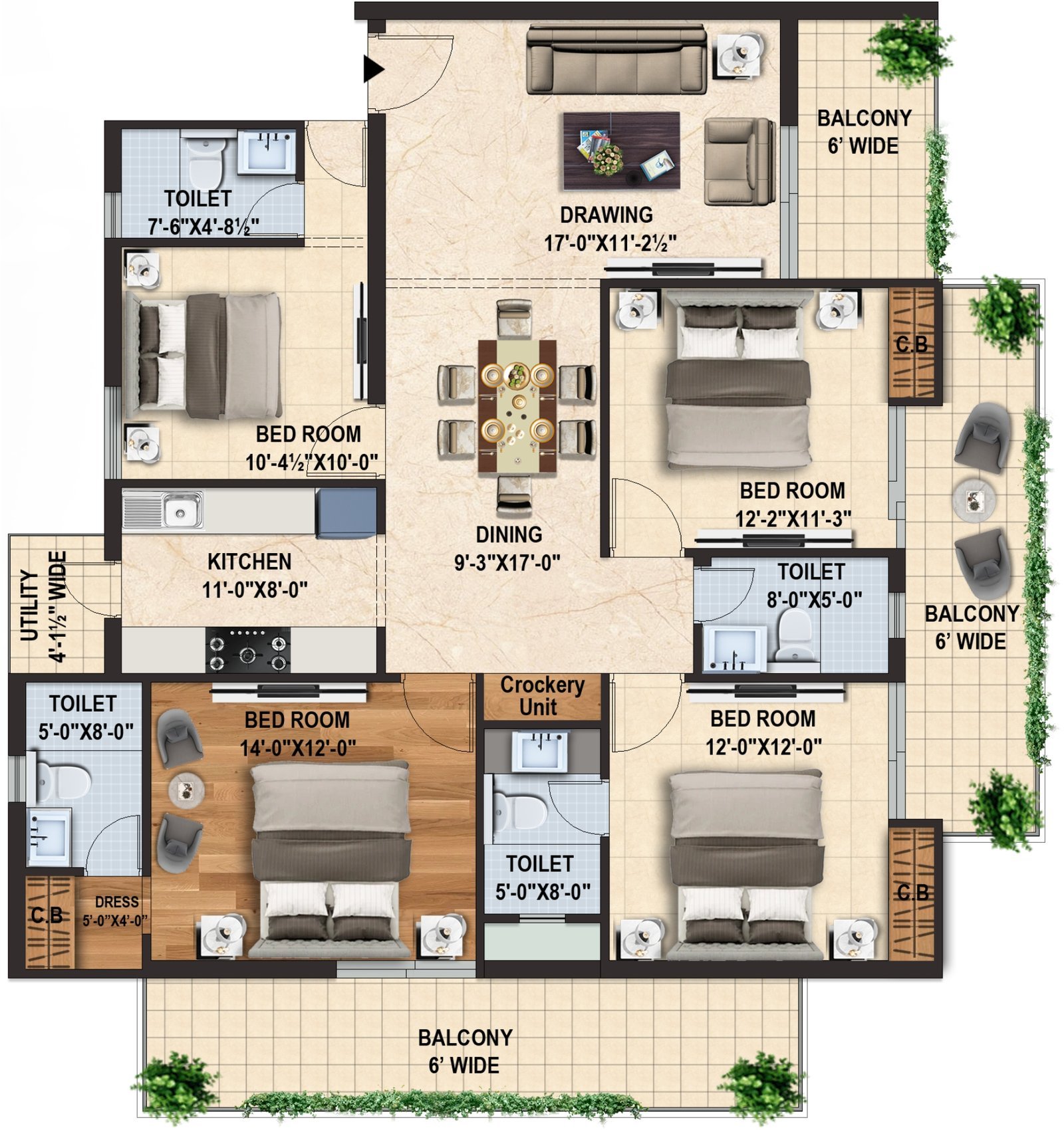 Doon Buildcon Capital Royal Casa Tower 1, 4 BHK Type 2: floor plan