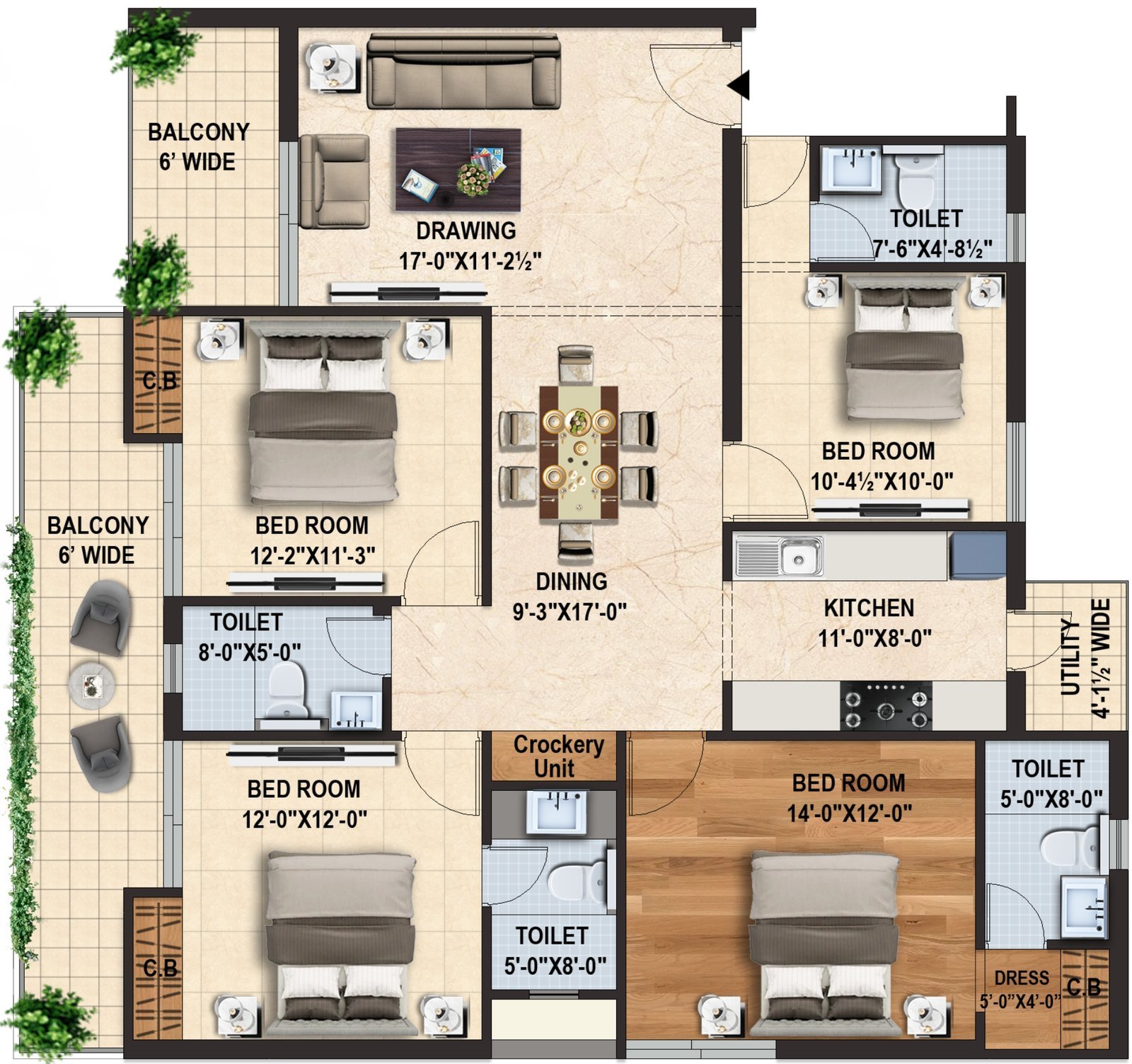 Doon Buildcon Capital Royal Casa Tower 1, 4 BHK Type 3: floor plan