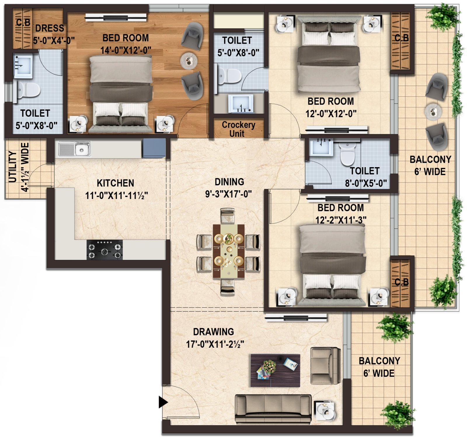 Doon Buildcon Capital Royal Casa Tower 1, 3 BHK Type 1: floor plan