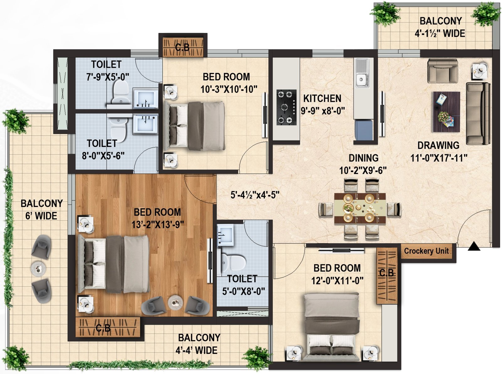 Doon Buildcon Capital Royal Casa Tower 2, 3 BHK Type 2: floor plan