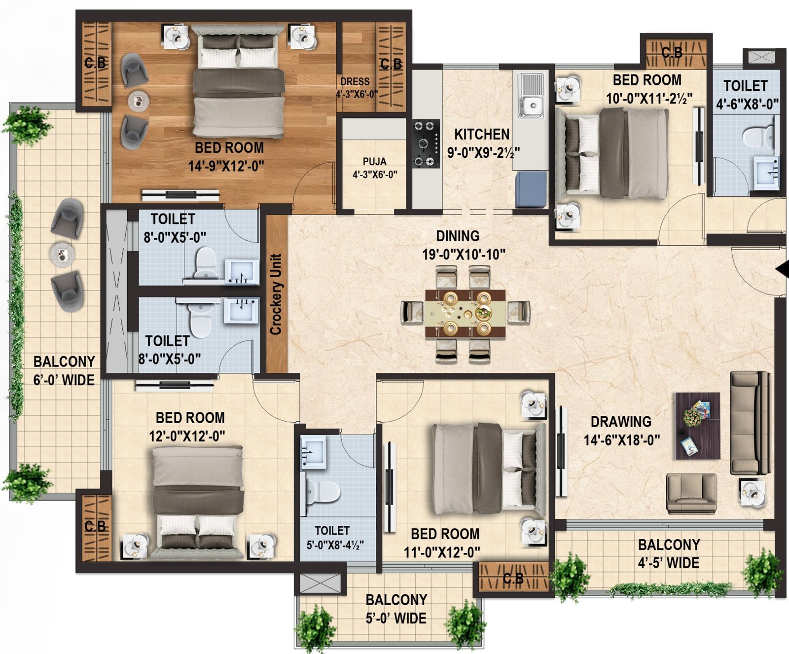 Doon Buildcon Capital Royal Casa Tower 3, 4 BHK Type 2: floor plan