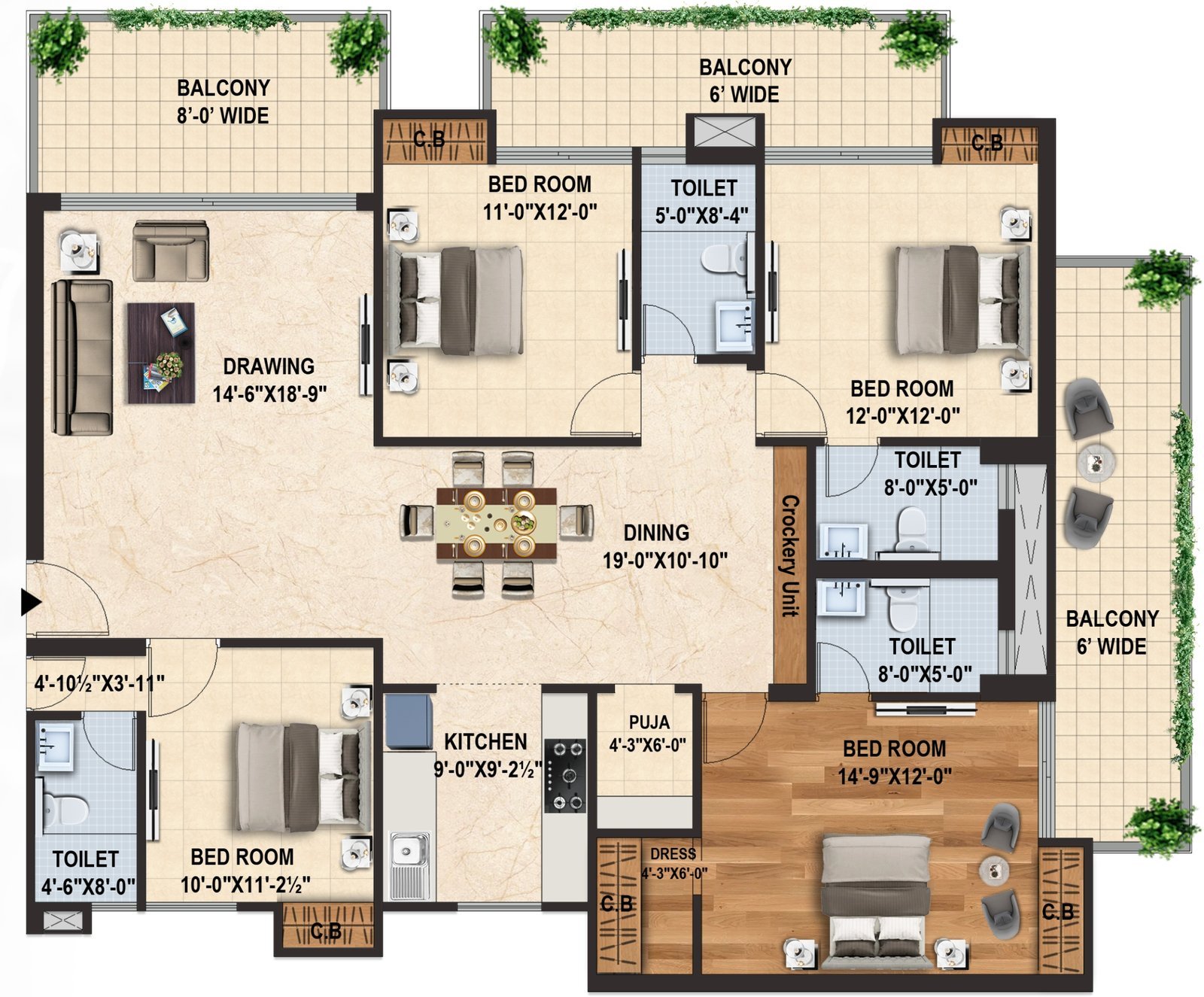 Doon Buildcon Capital Royal Casa Tower 3, 4 BHK Type 3: floor plan