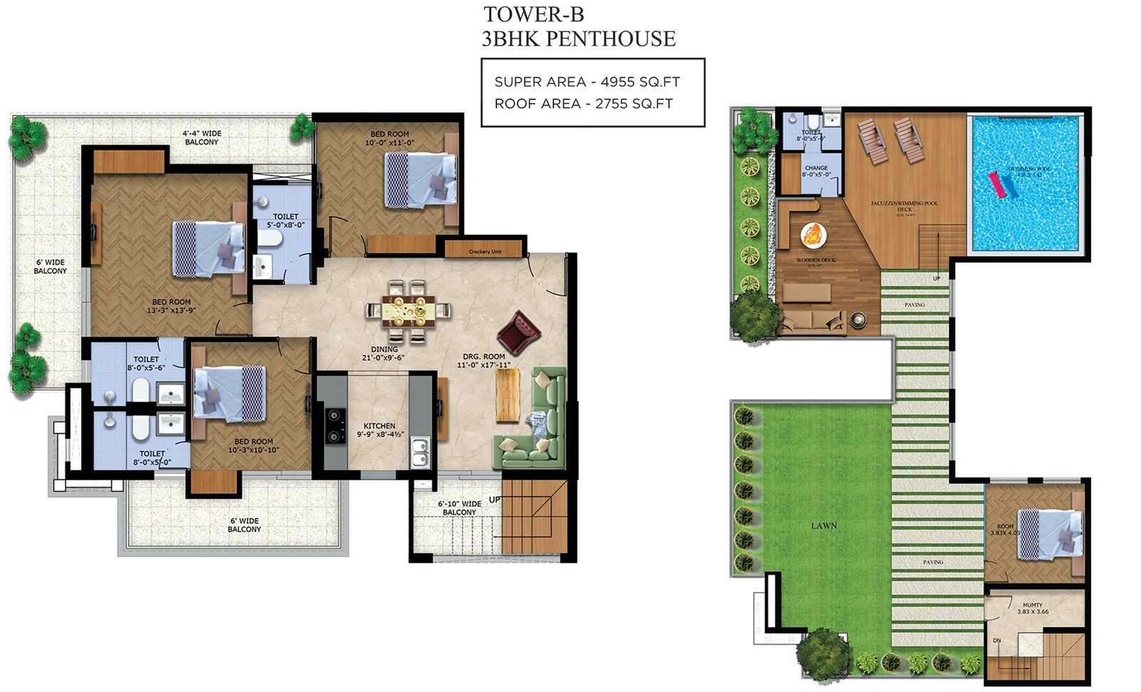 Doon Buildcon Capital Royal Casa Tower B, 3 BHK penthouse with roof terrace floor plan