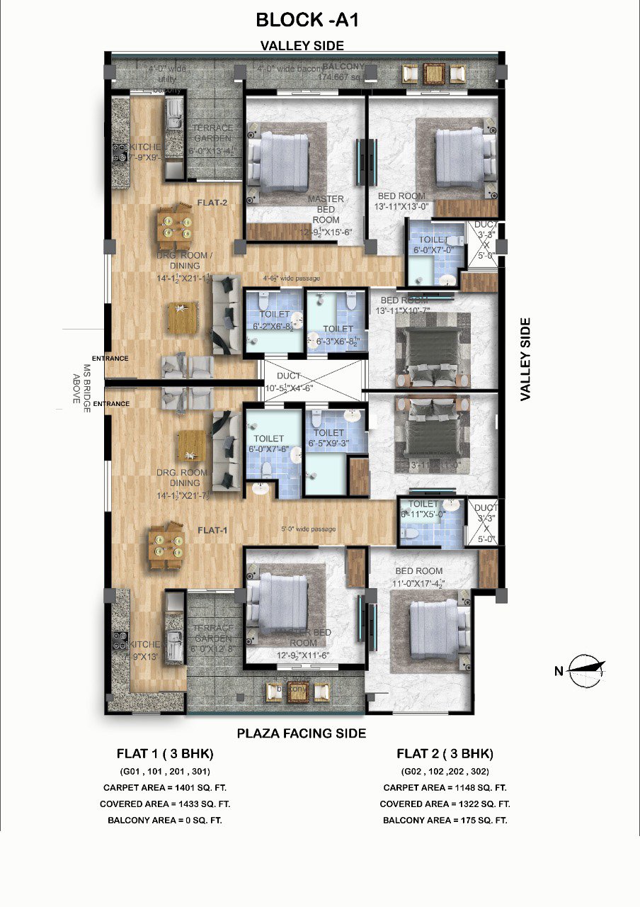 Cliffton Valley Block A1 floor plan: 3 BHK floor plan