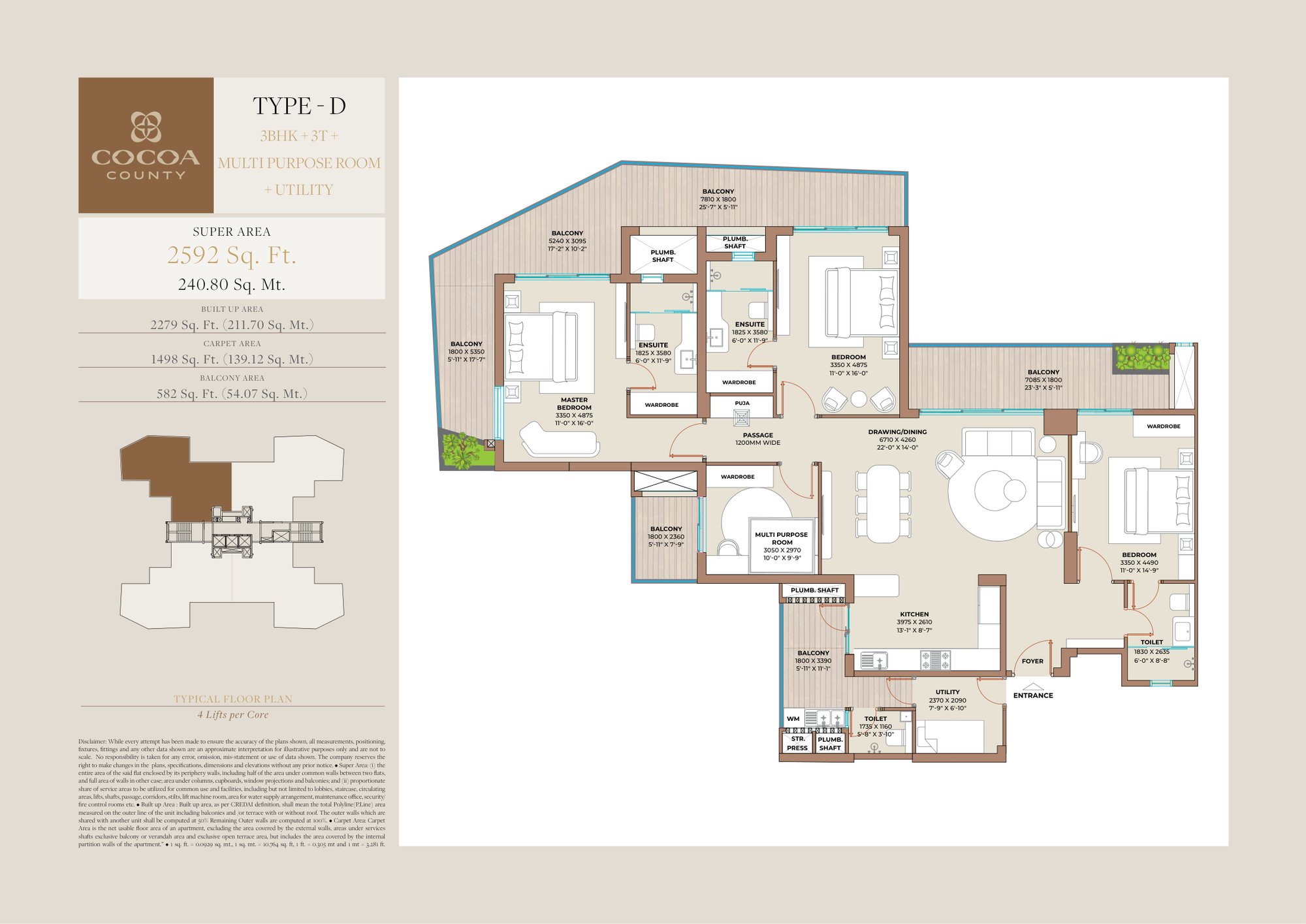 Cocoa County Type D: 3 BHK + 3T + Multipurpose Room - super floor plan
