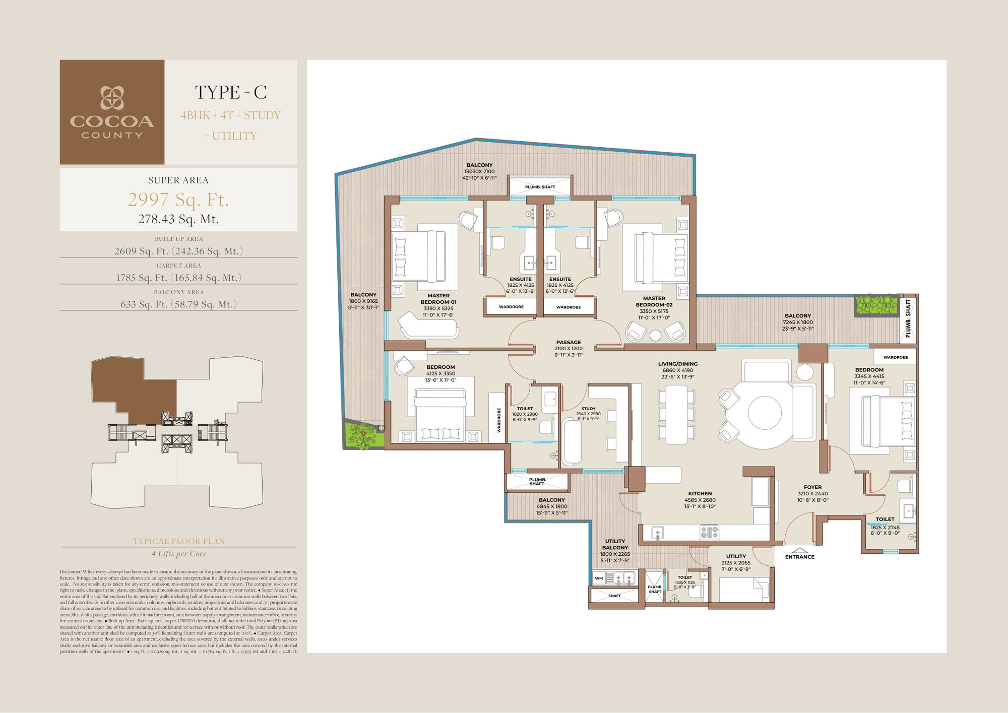 Cocoa County Type C: 4 BHK + 4T + Study - super floor plan