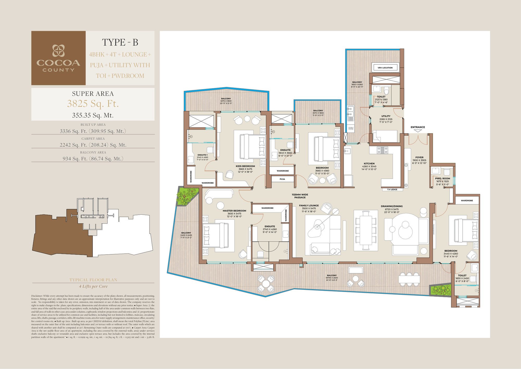 Cocoa County Type B: 4 BHK + 4T + Lounge + Puja - super floor plan