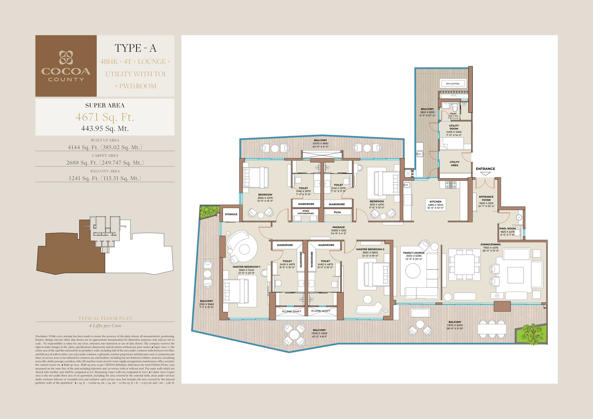 Cocoa County Type A: 4 BHK + 4T + Lounge - super floor plan