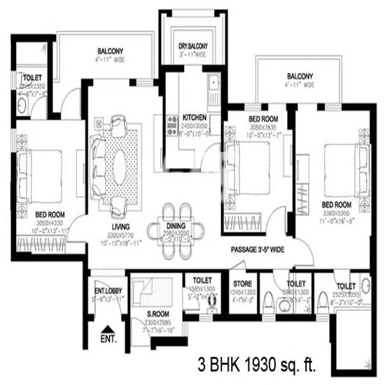 DLF New Town Heights 3 BHK floor plan