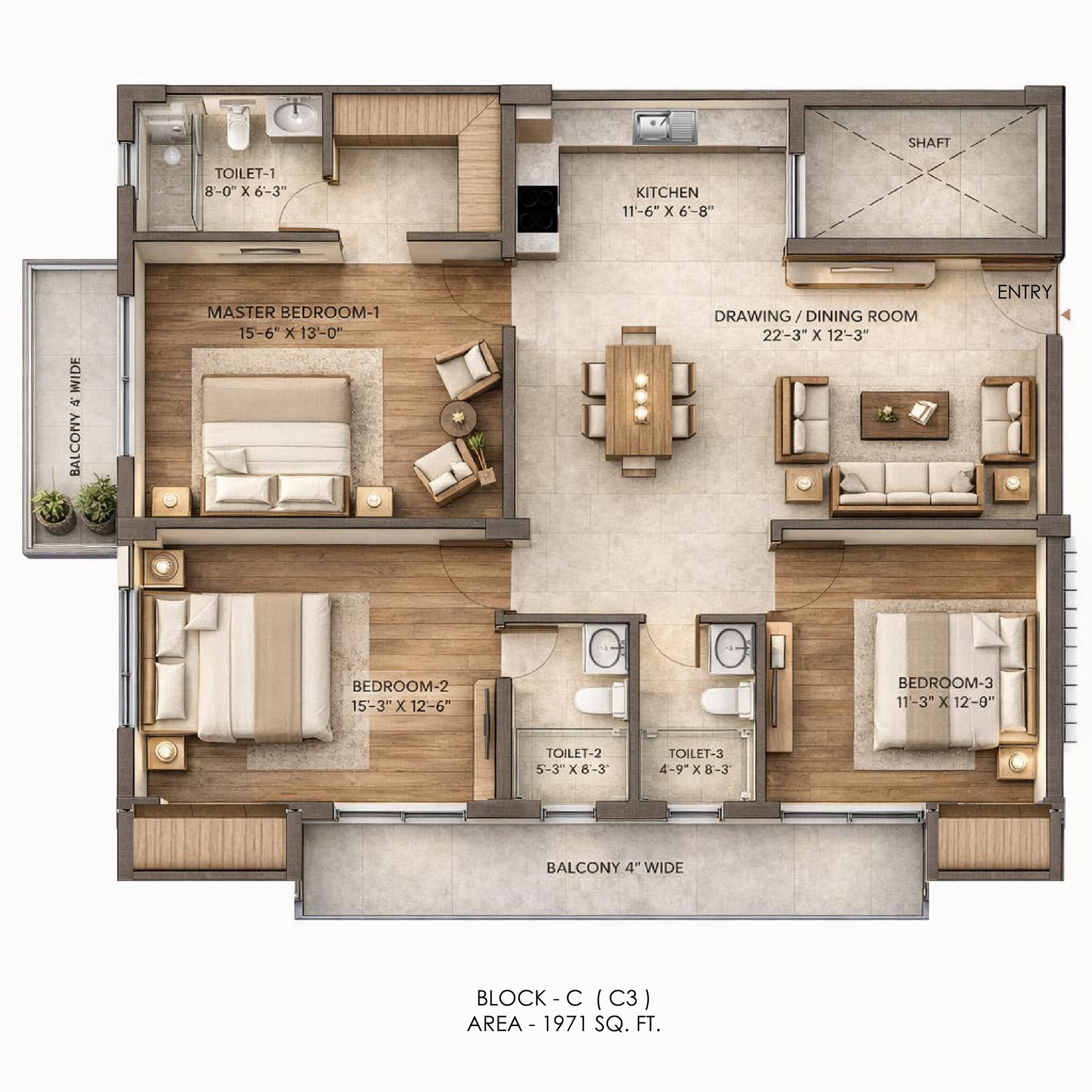 D D Developers Doon Boulevard Block C (C3), 3 BHK: floor plan