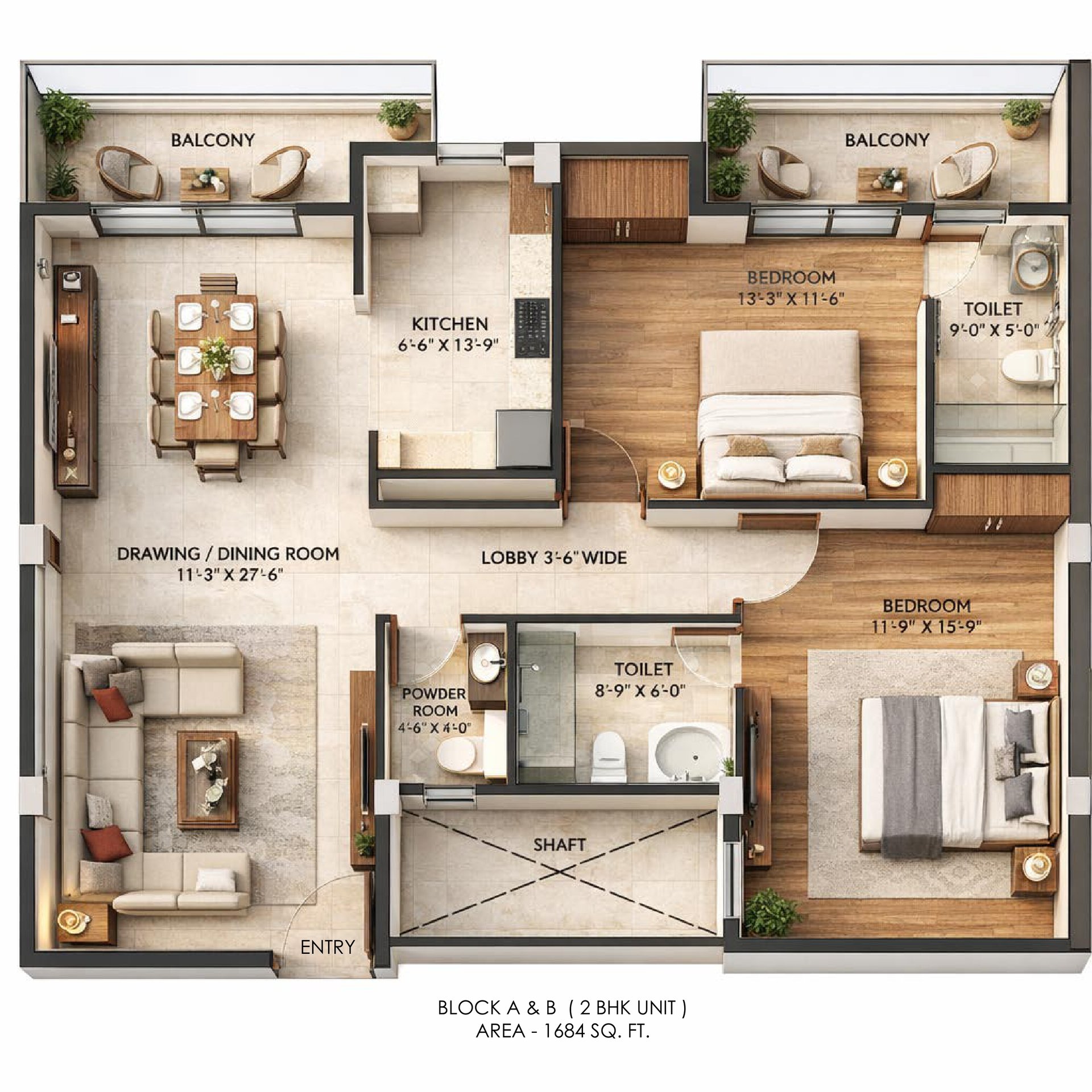 D D Developers Doon Boulevard Blocks A & B, 2 BHK: floor plan
