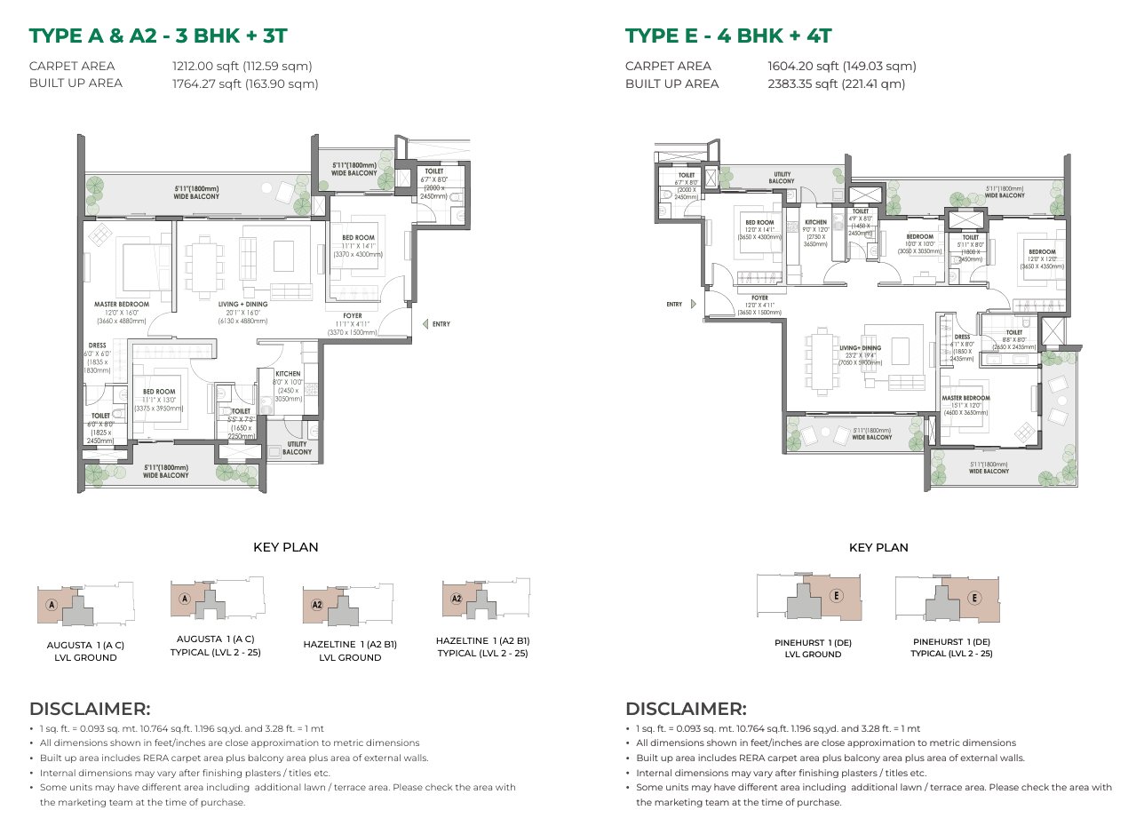 Eldeco Fairway Reserve 3 BHK + 3T (Types A, A2) and 4 BHK + 4T (Type E) floor plan