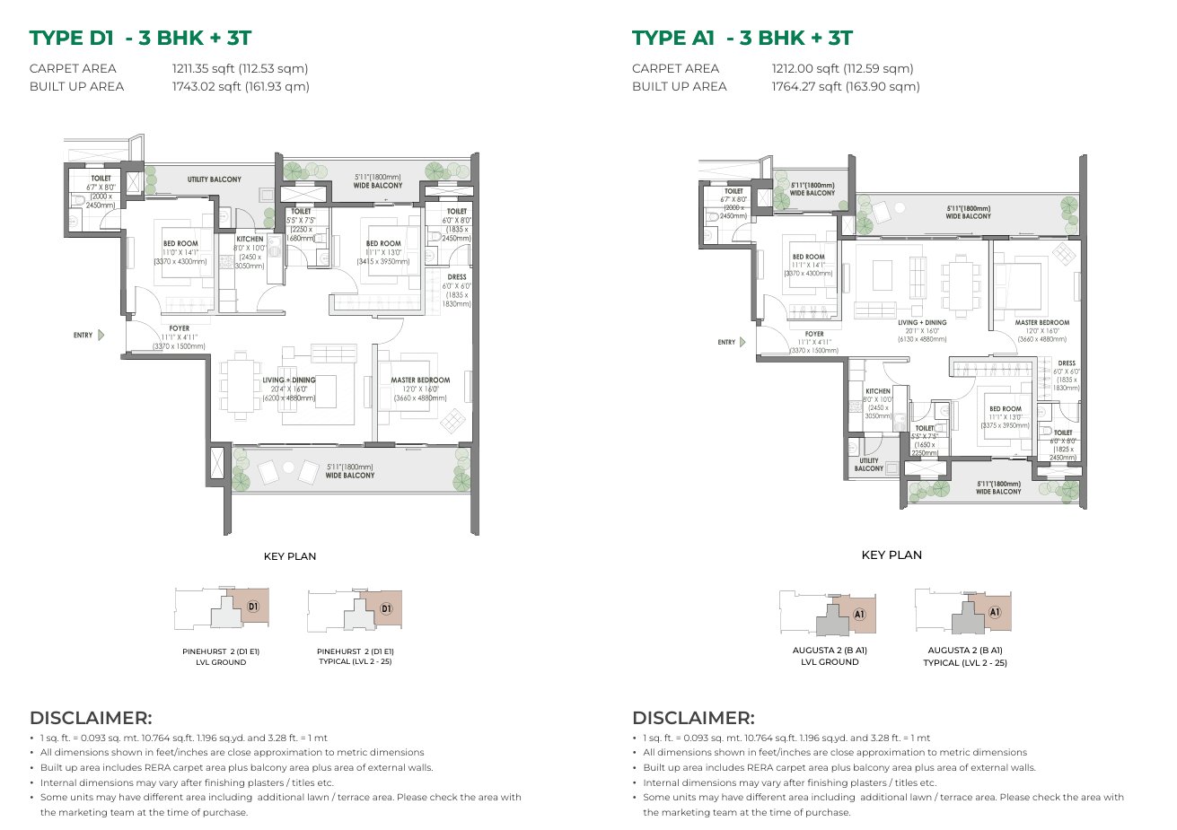 Eldeco Fairway Reserve 3 BHK + 3T (Types D1, A1) - 1,211 - carpet floor plan