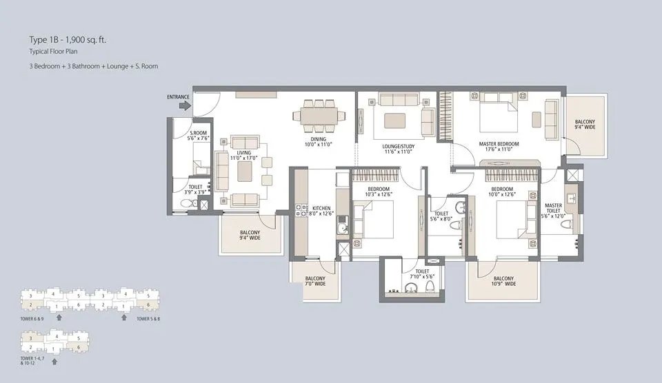 Emaar Palm Gardens 3 BHK + 3T + Lounge + SQ (Type 18) - super floor plan